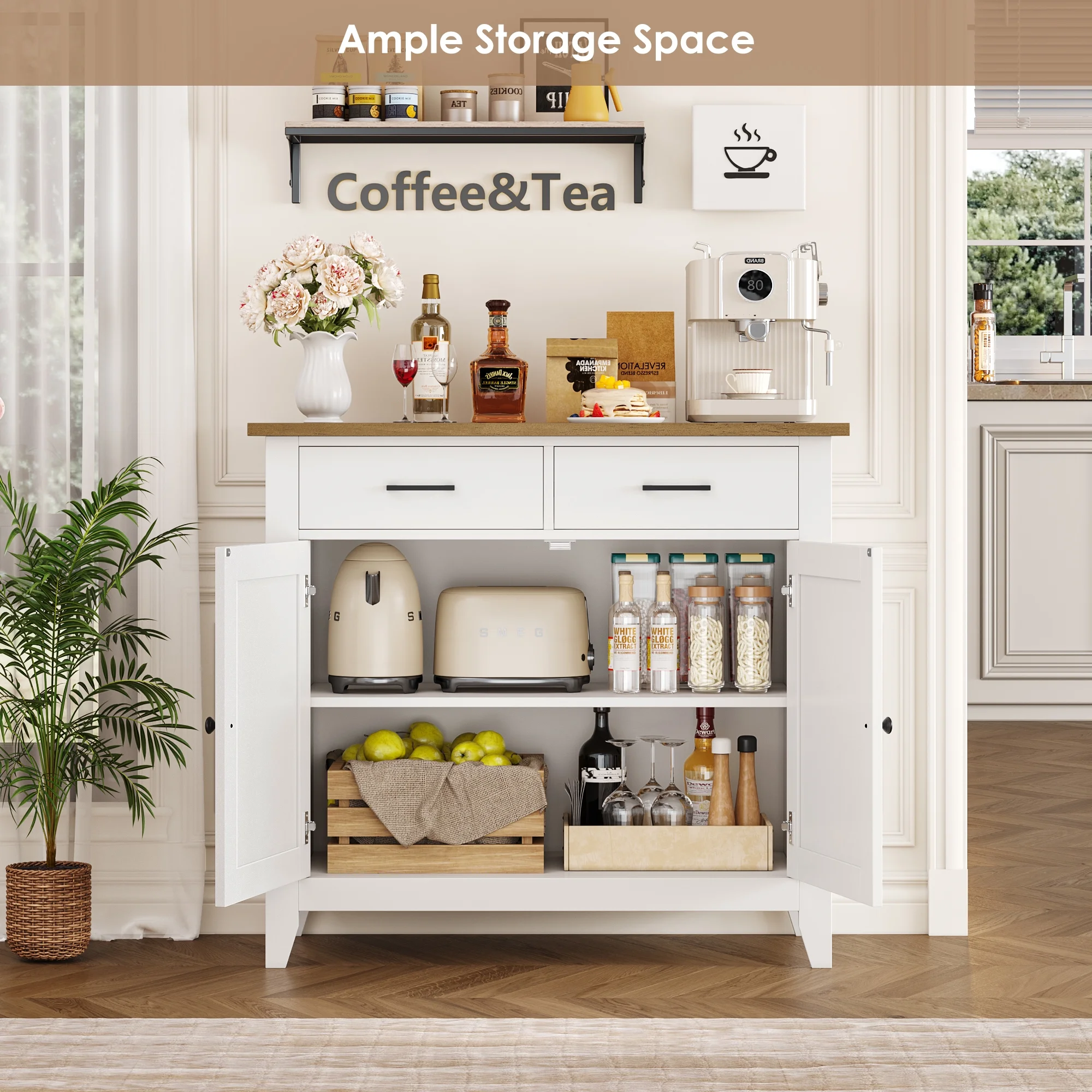 Homfa Entryway Cabinet, Kitchen Storage Cabinet, Farmhouse Buffet Sideboard with 2 Drawers and 2 Doors,Coffee Bar with Storage for Dining Room Living Room,White - Image 12
