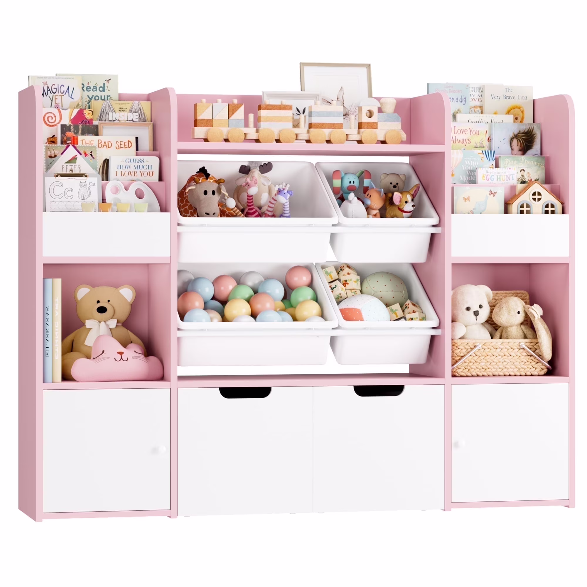 Hiphuta Kids Bookcase Toy Storage Organizer, Wooden Toy Organizer of 4 Bins& 2 Removable Drawers for Home Bedroom, Kids Bookshelf Toy Box with Book Rack, White - Image 5