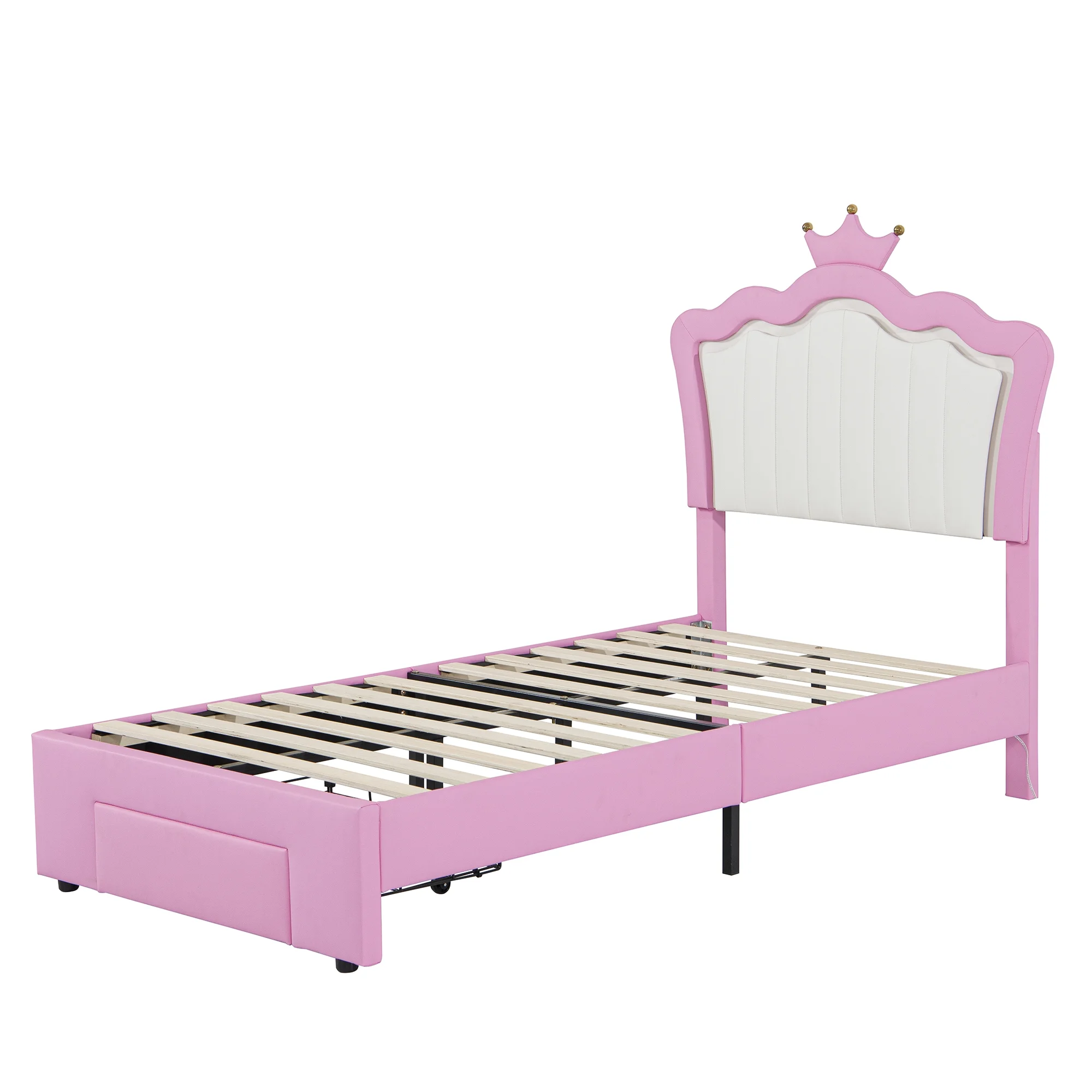Miniyam Upholstered Twin Size Bed with LED Lights, Crown Headboard for Kids, Pink - Image 4