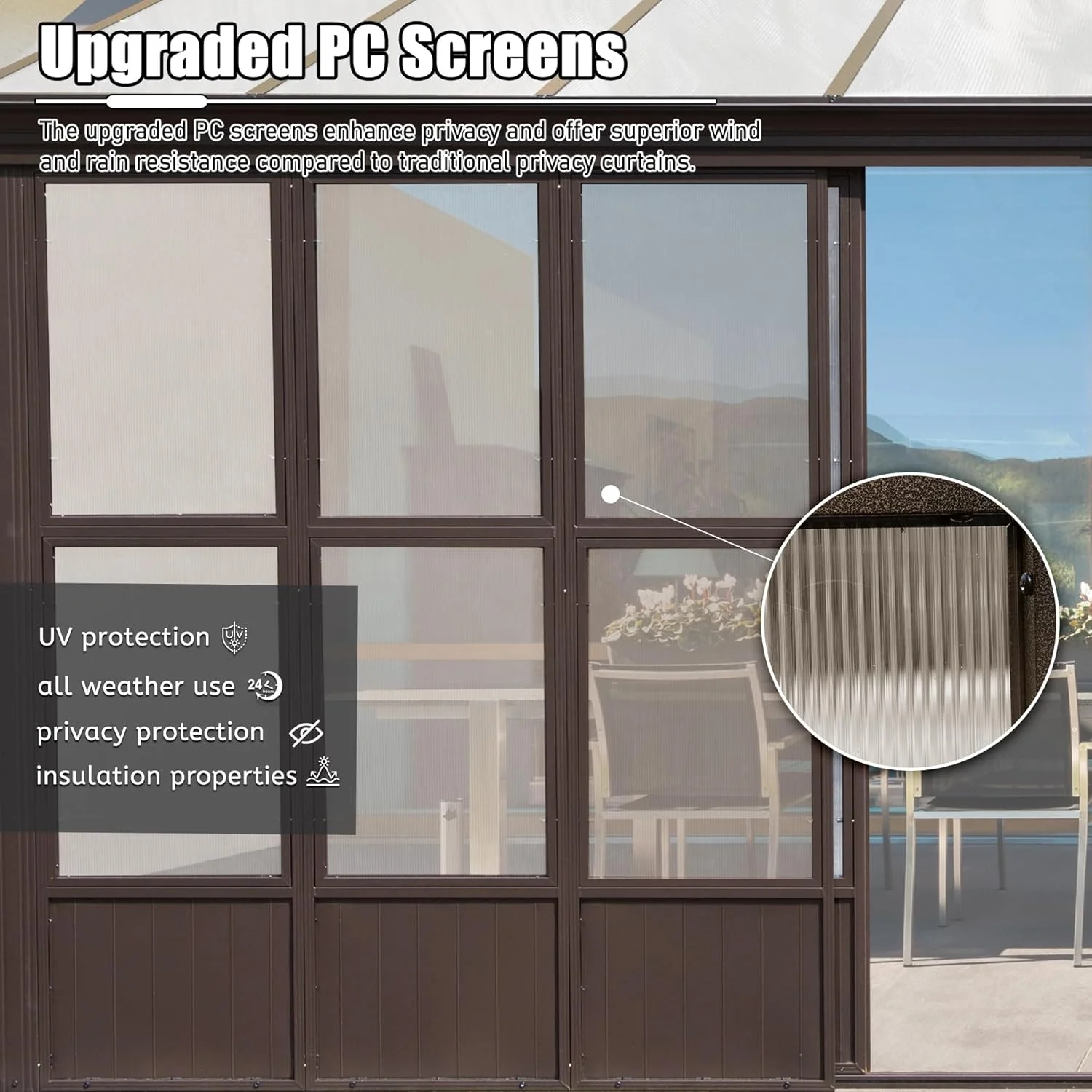 TOTAL Outdoor 10'x12' All-Season Sunroom Gazebo with Steel Roof, PVC Screen, Front & Side Door, Brown - Image 21