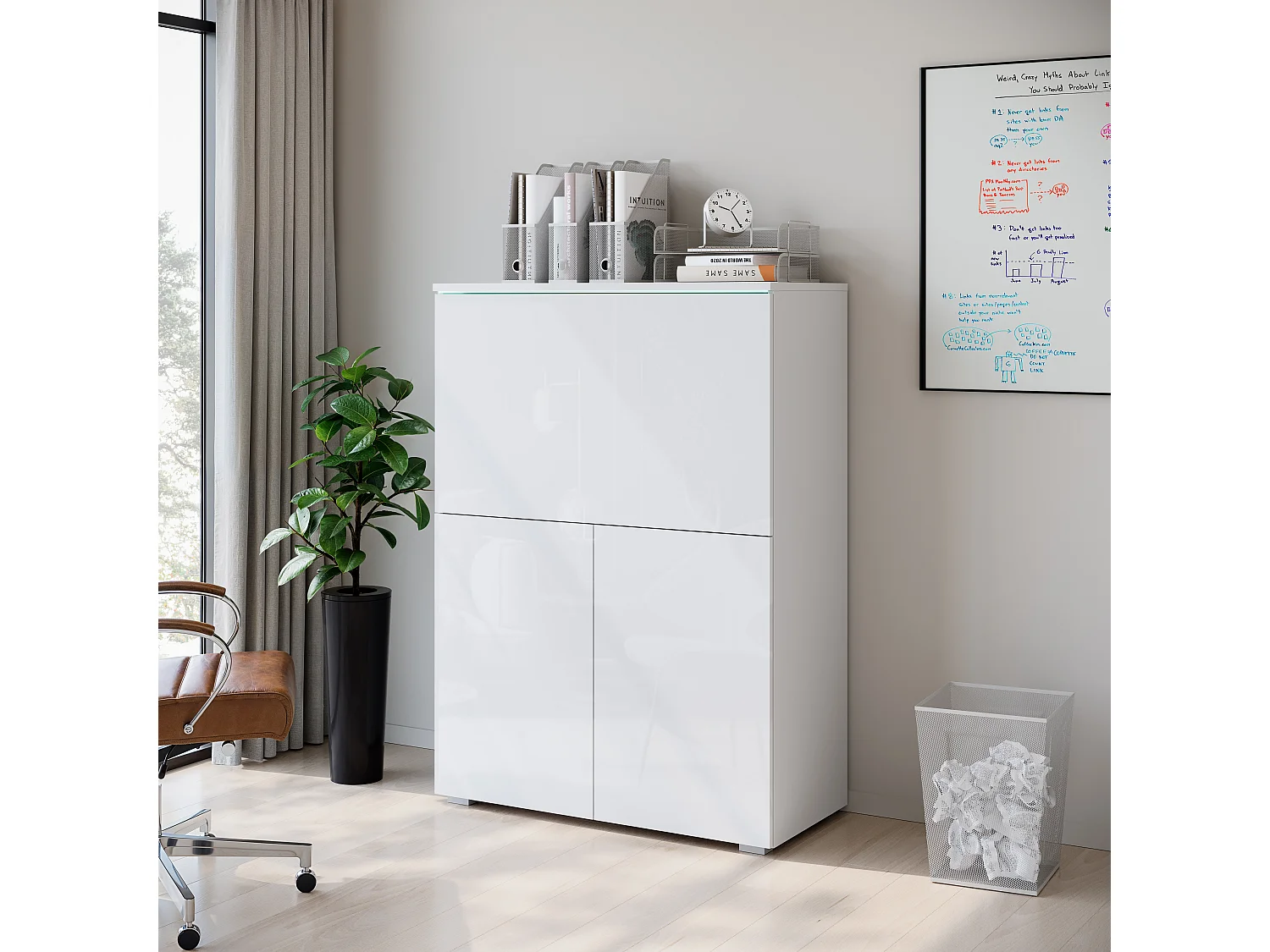 Secrétaire / bureau moderne avec éclairage LED blanc / blanc brillant