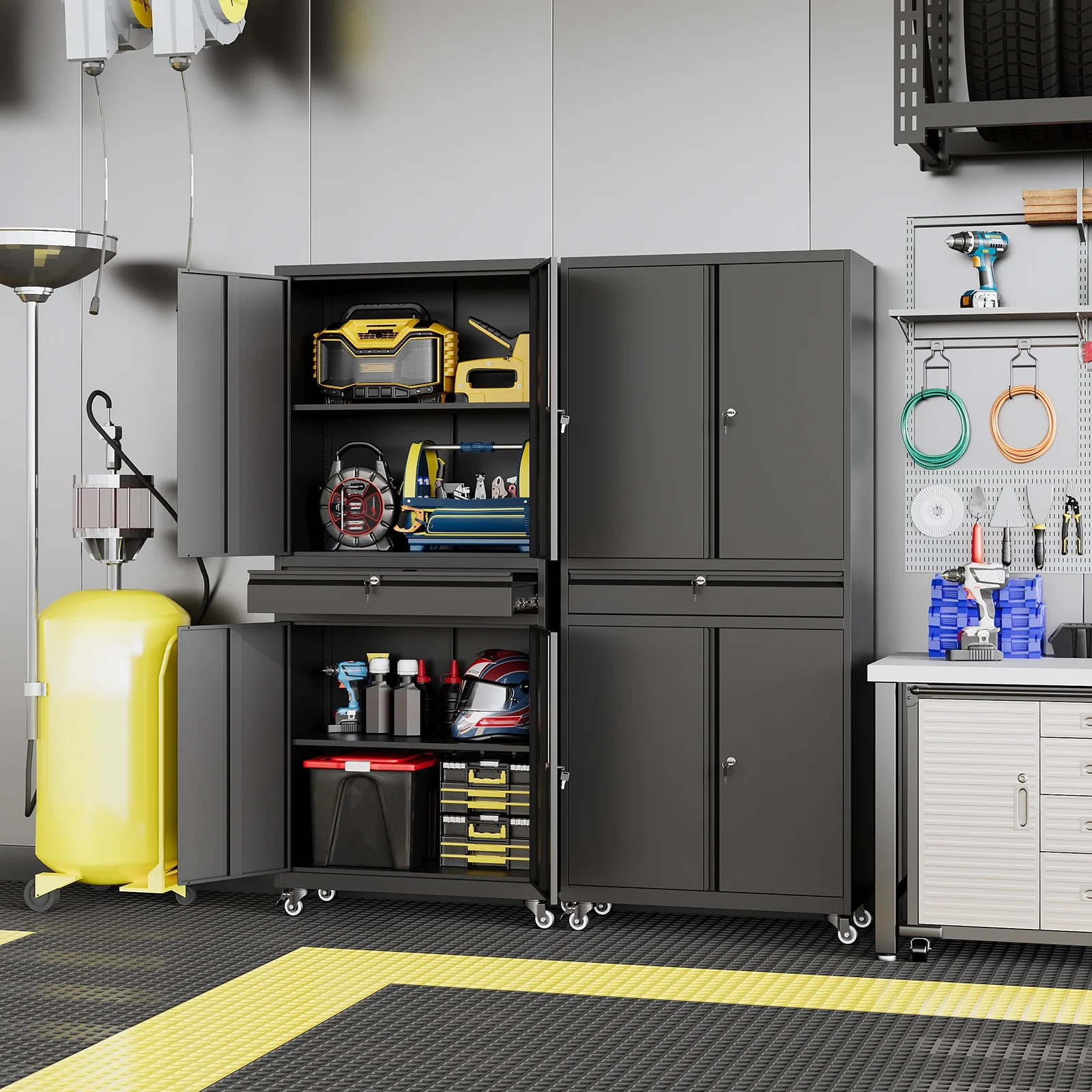 STANI Metal Garage Storage Cabinets with Drawer, 4 Doors Tool Storage Cabinet with 2 Adjustable Shelves, 73