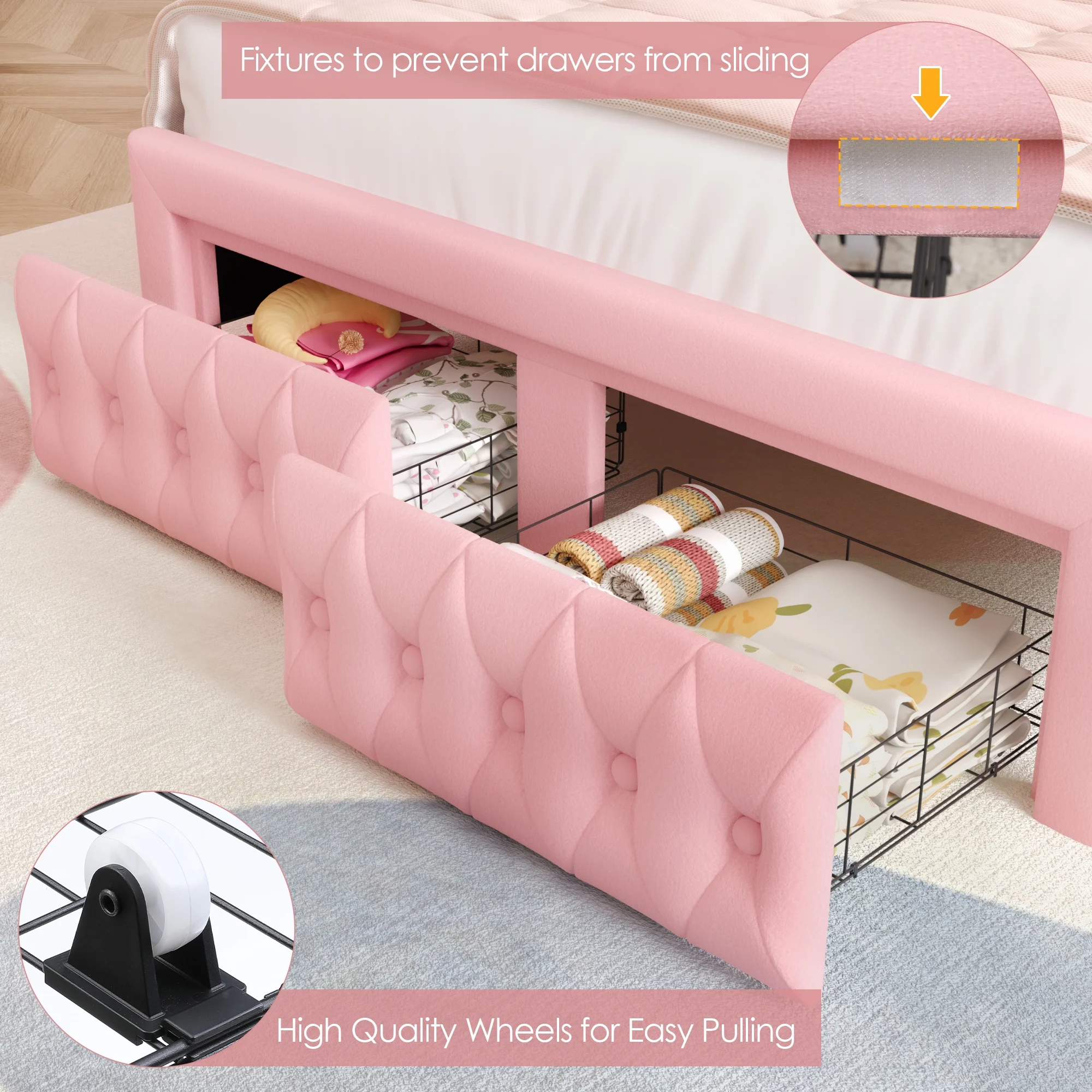 Hiphuta Modern Queen Bed Frame with 2 Drawers, LED Lights Platform Bed Frame, Sturdy Beds Frame with Upholstered Button Tufted Headboard, Velvet White - Image 21