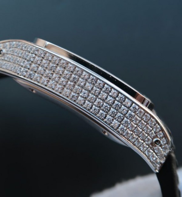 Replica Cartier V6 Santos 100 41mm White Dial Diamond Bezel Black Leather Strap A2824 - Top club