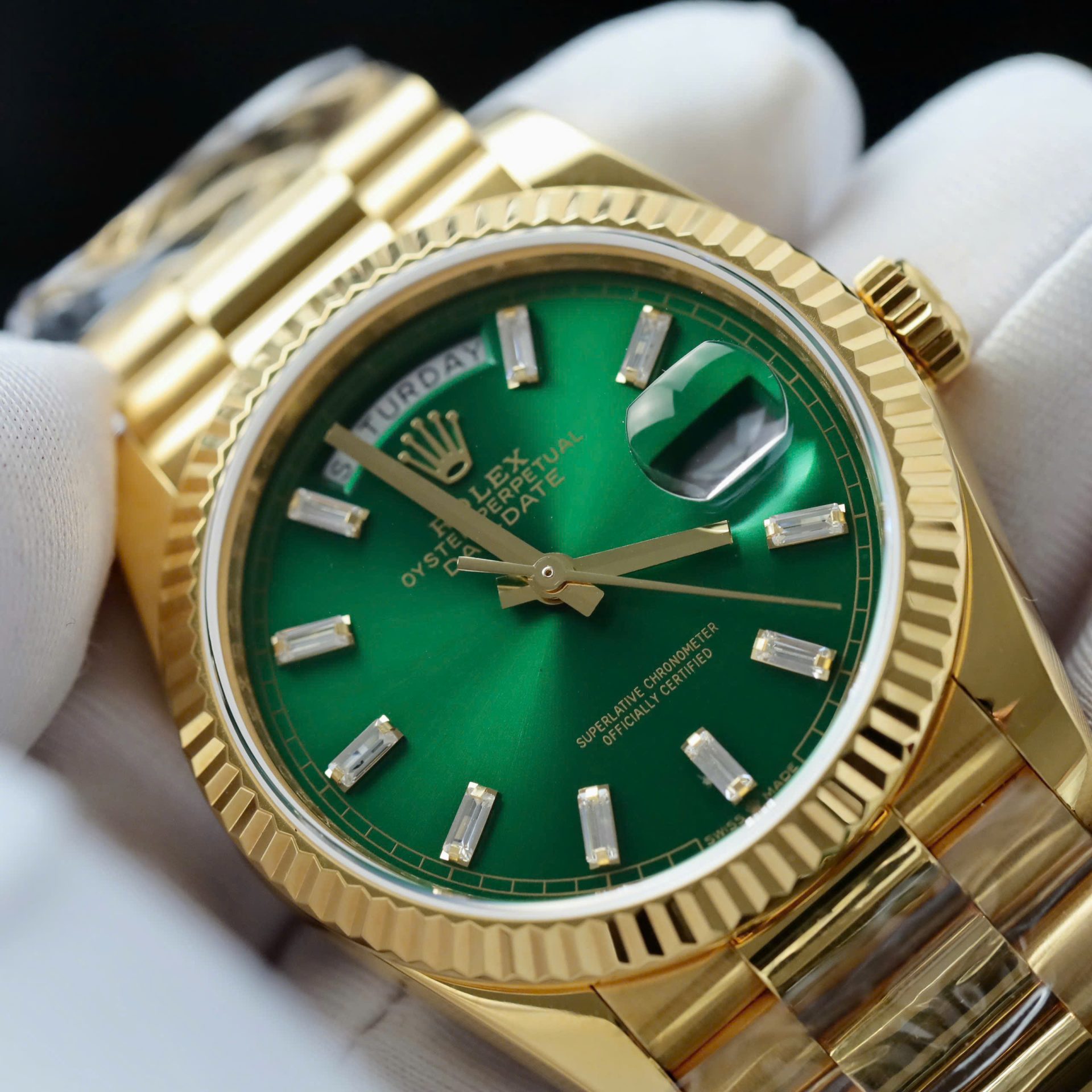 Rolex Day-Date Dial Green Copies Watch Weight 160gram Custom Gold Wrapped 36mm - Elite Watch Atelier