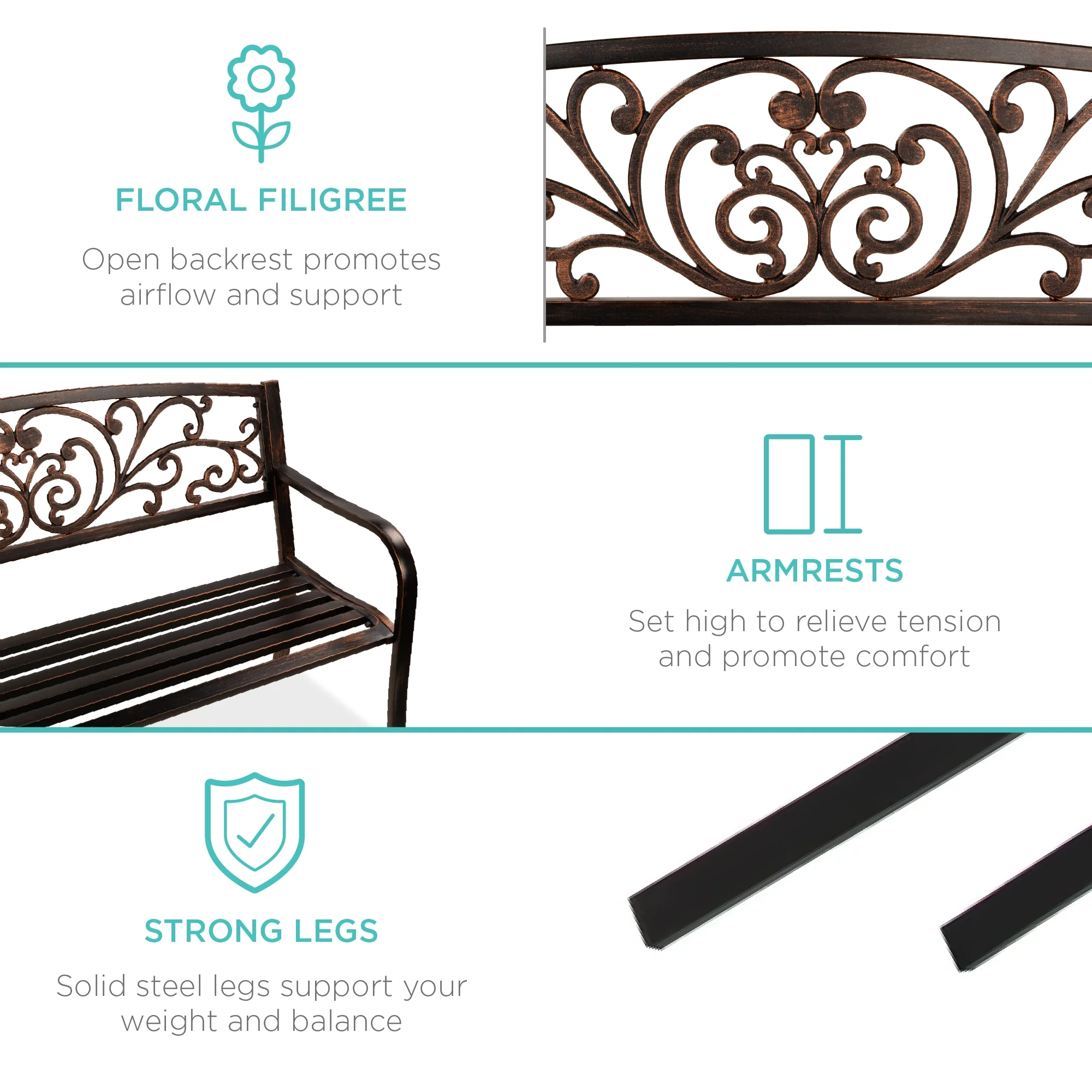 Best Choice Products Outdoor Steel Bench Garden Patio Porch Furniture w/ Floral Design Backrest - Black - Image 93
