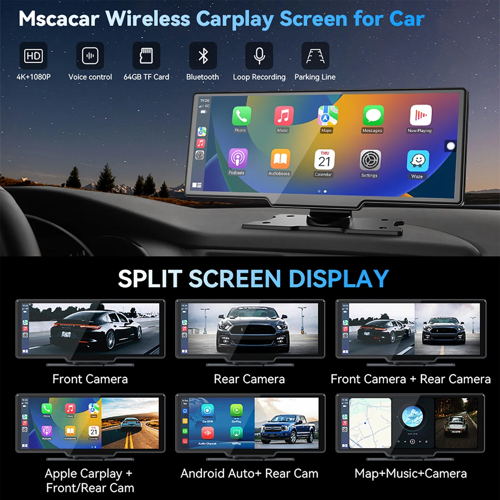 10.26�� Wireless Apple Carplay Screen with Android Auto, 4K Dash Cam, Backup Camera, Bluetooth, GPS, Voice Control - Image 6