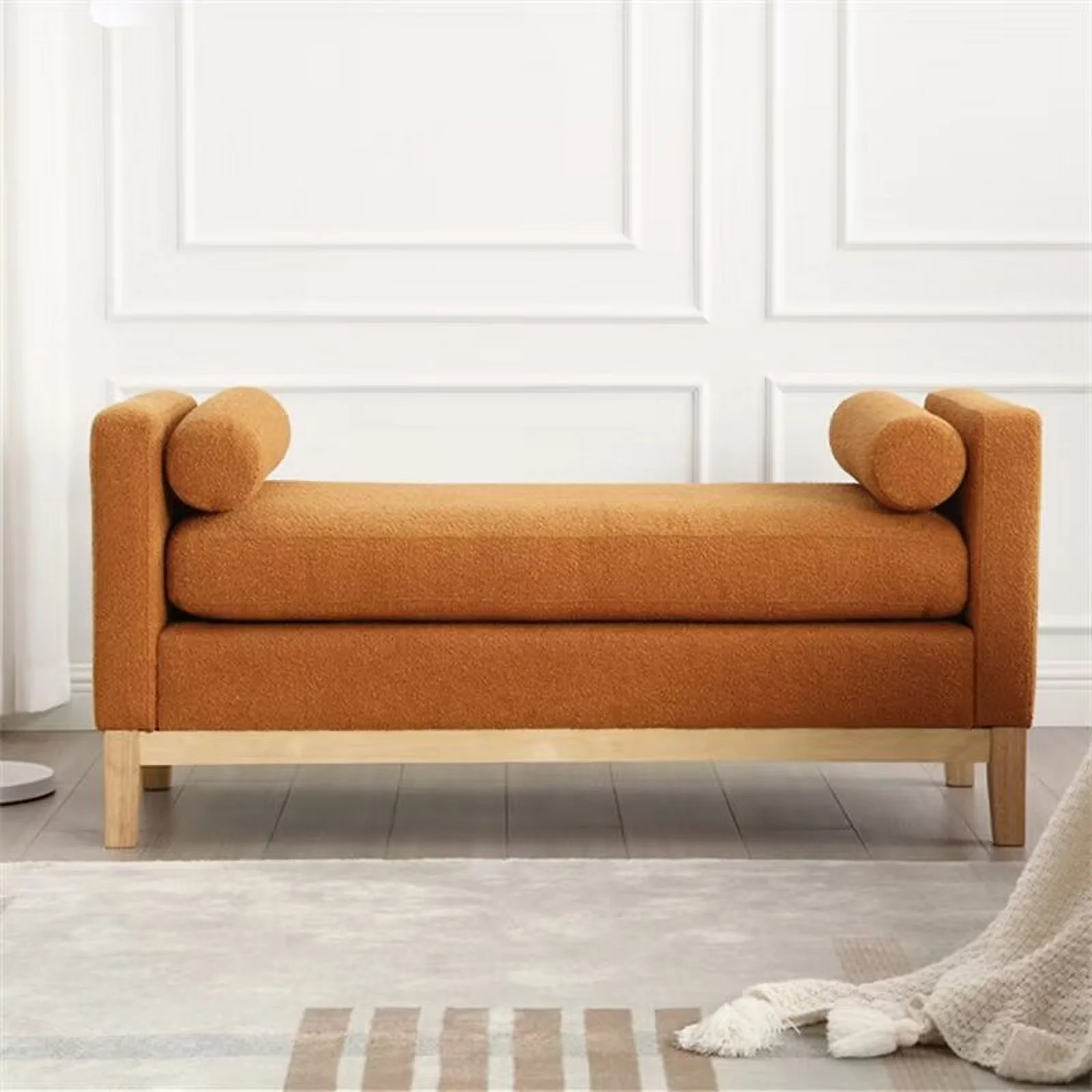 End of Bed Bench, 53.5" Boucle Fabric Upholstered Entryway Bench with Wood Legs & Bolster Pillows, Rolled Arm Cushioned Ottoman Foot Rest Long Stool Window Extra Seating for Bedroom, Ivory - Image 28