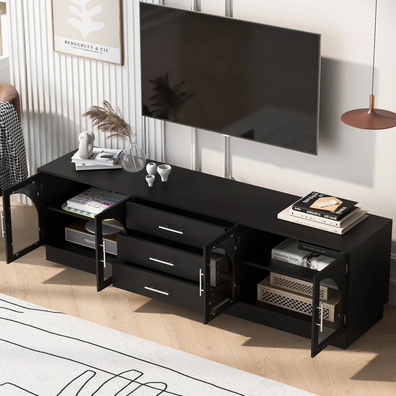 TV Stand for 75 Inch TV, Entertainment Center with Storage Cabinets and 3 Drawers, Media Console Cabinet with Adjustable Shelves and Glass Doors for Living Room, Black