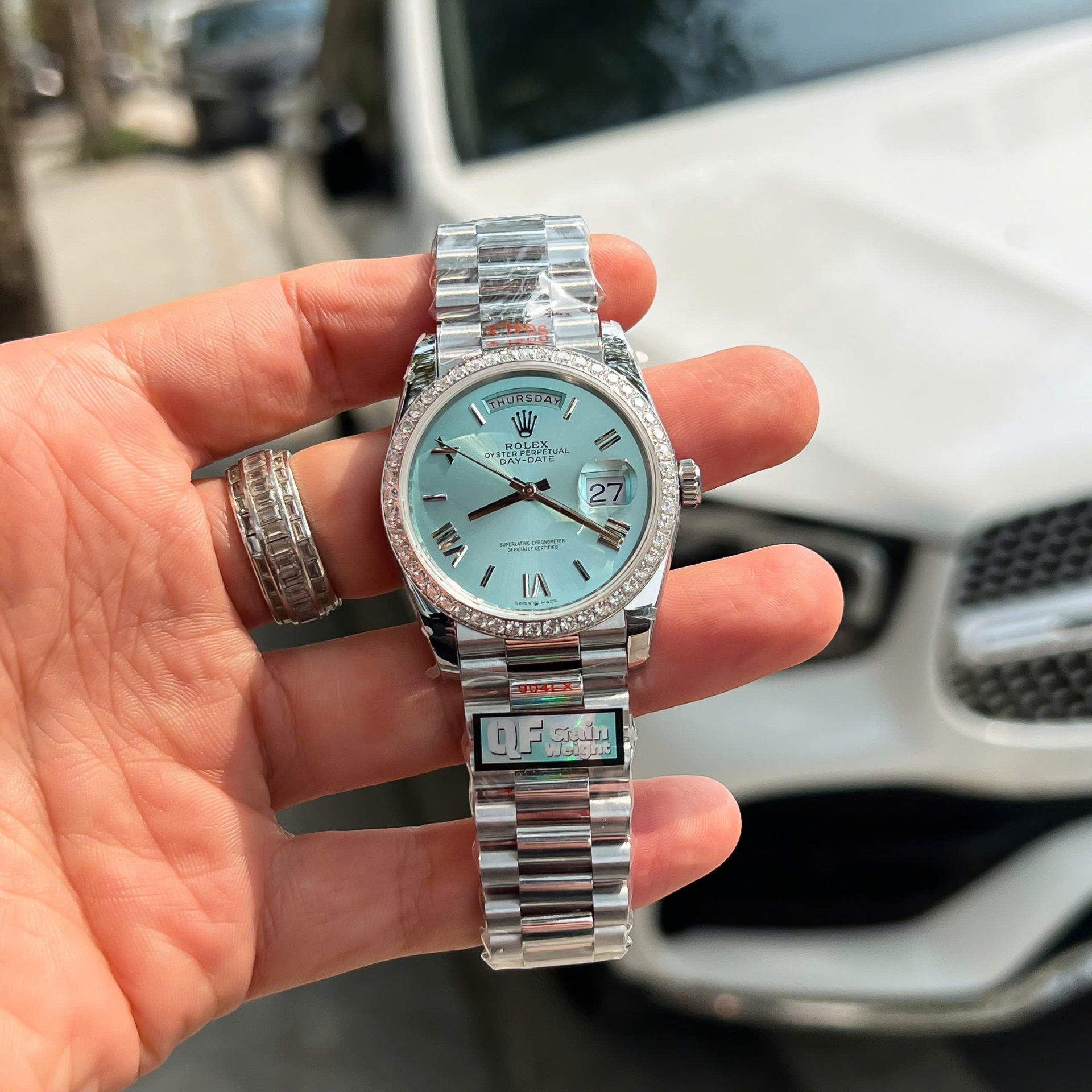 Rolex Replica Watches Watch Day-Date Ice Blue Weight 158Grams Bezel Diamonds Moissanite QF 36mm - Elite Watch Atelier