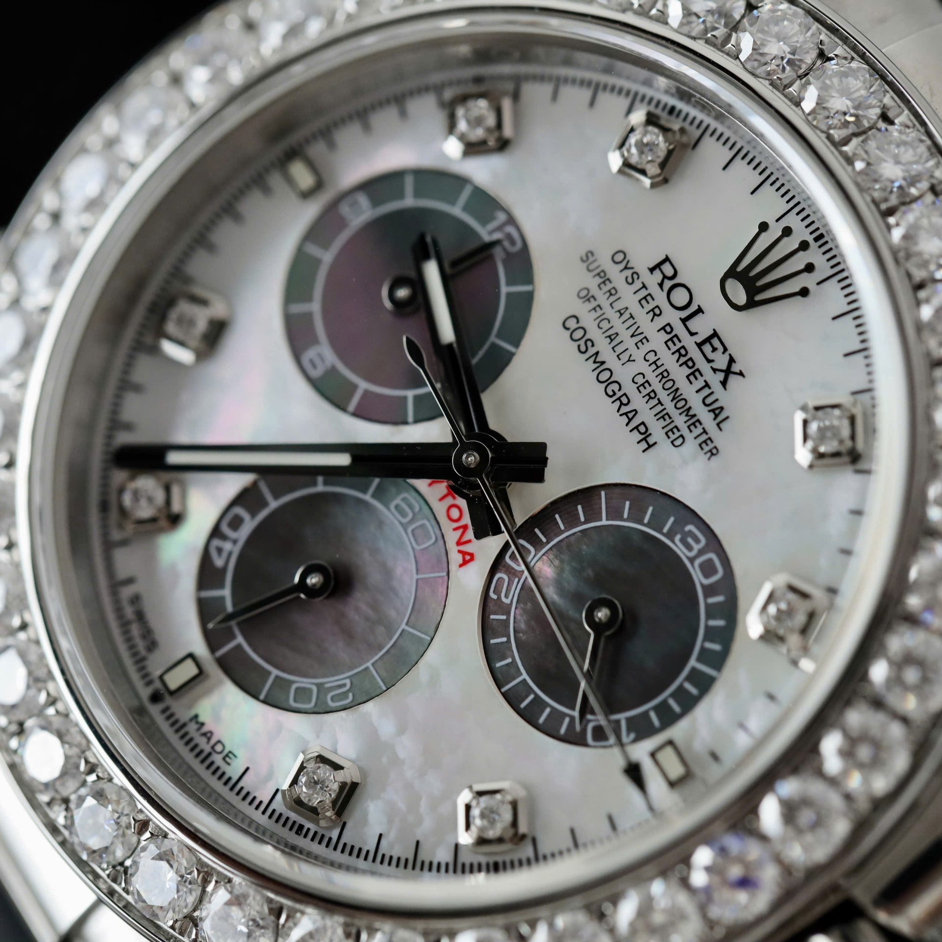 Rolex Daytona Dial MOP Replica Watch Number Pile + Bezel Diamonds Moissanite Custom 40mm - Elite Watch Atelier
