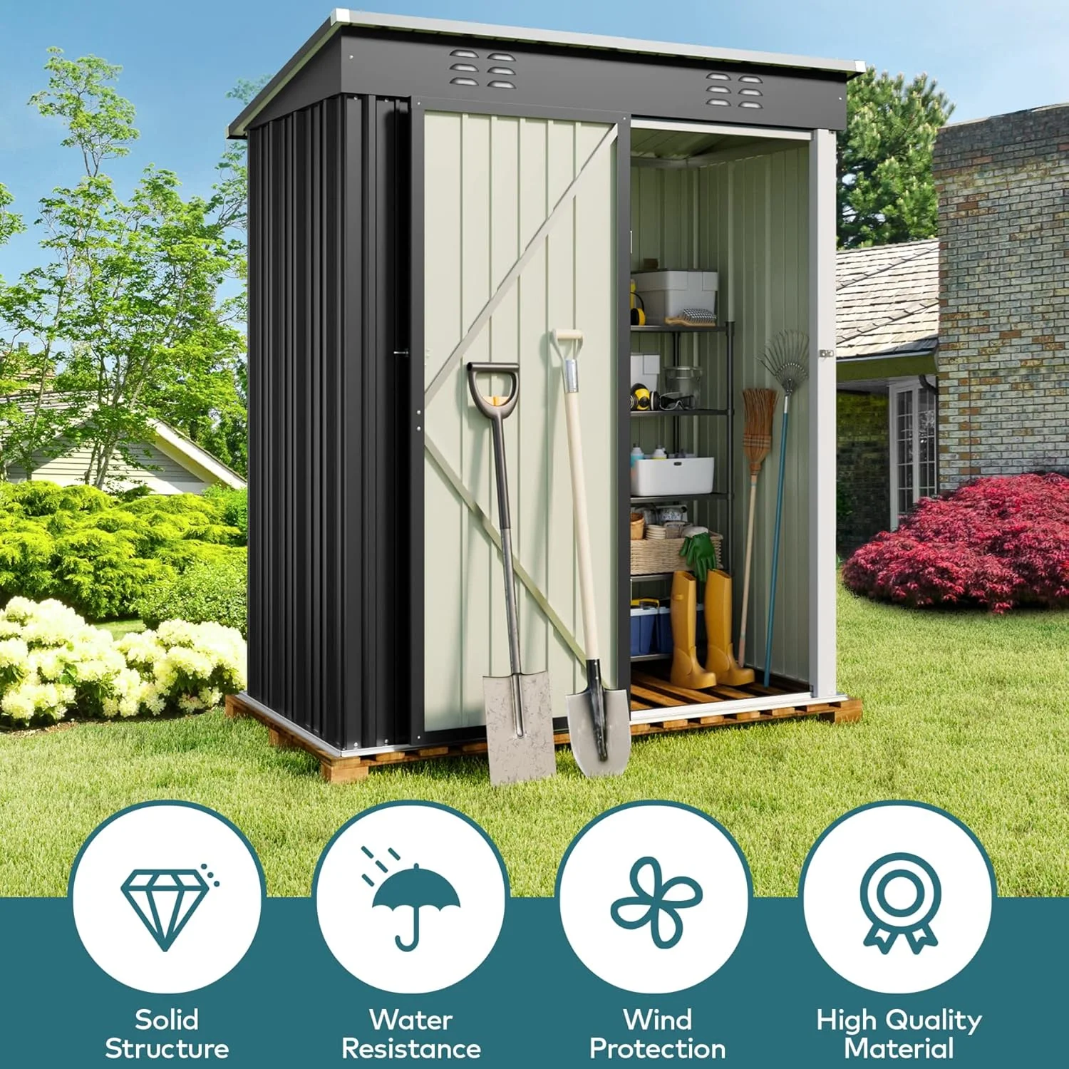 5'x3' Outdoor Storage Shed, Lofka Metal Storage Tool Shed with Single Lockable Door, for Bike| Garden Tools| Patio, Grey - Image 4