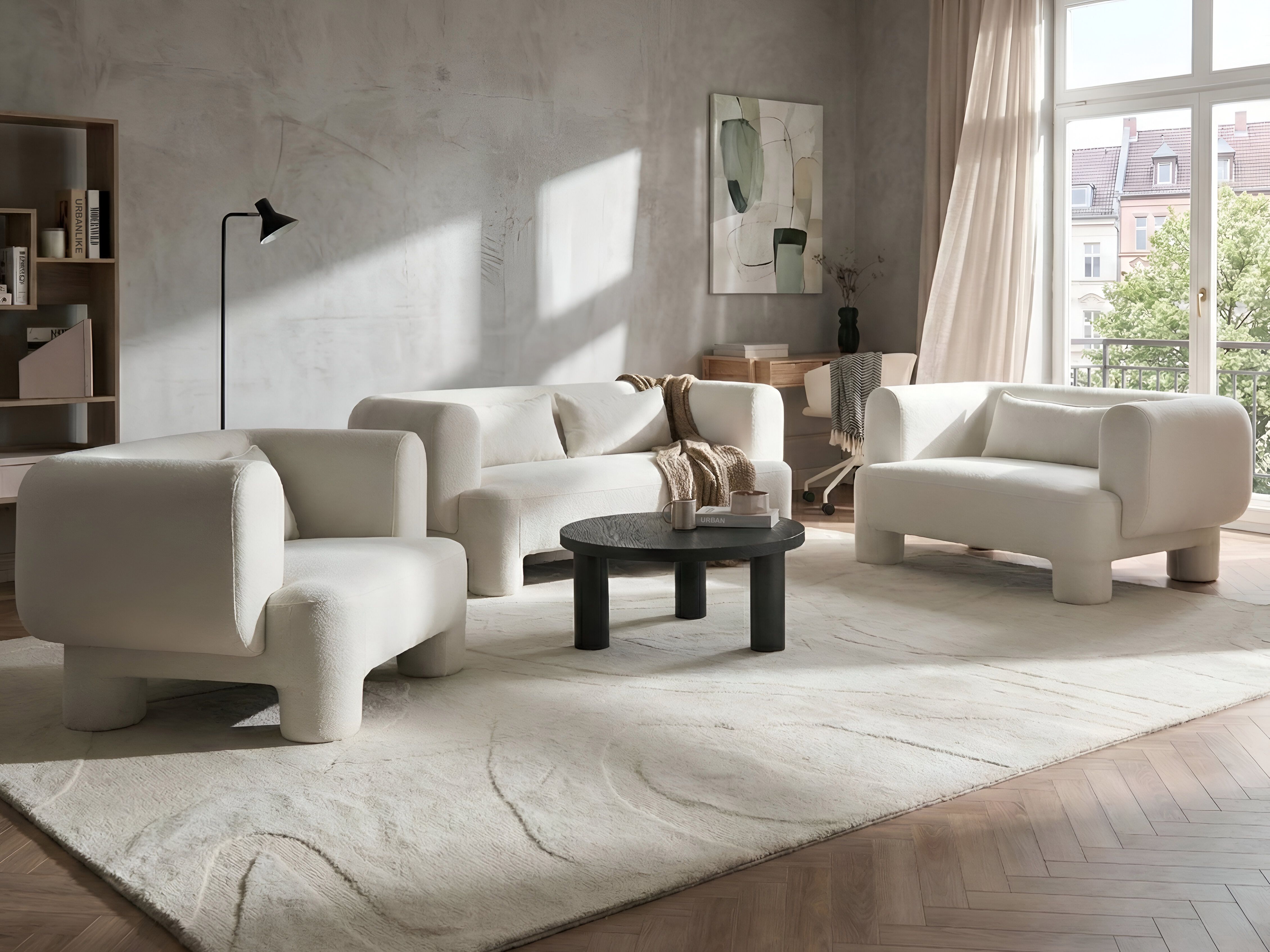 Living Room Set 6 Seater HOGBO Fabric White