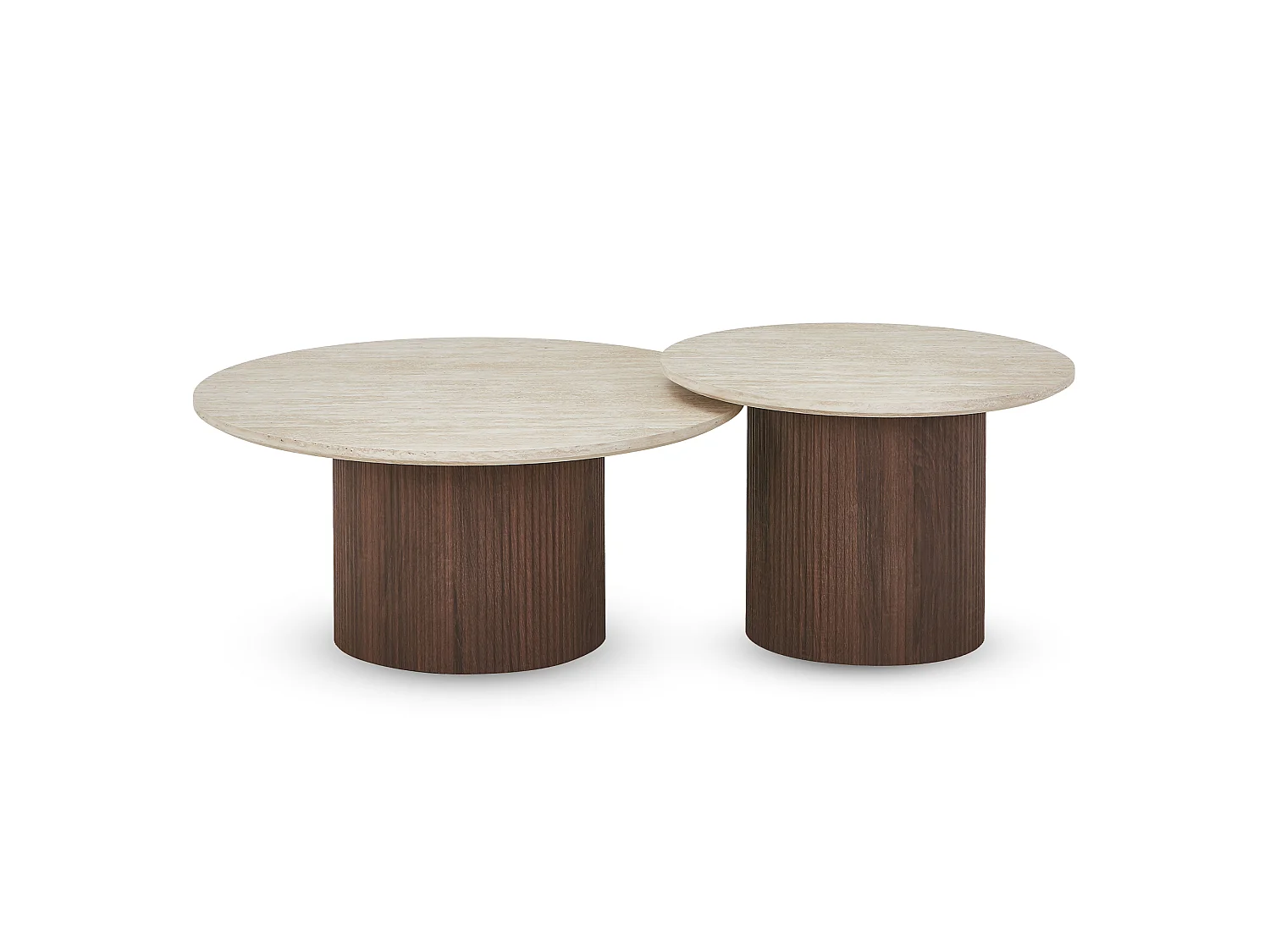 Lot de 2 tables basses gigognes rondes ESME - Plateau effet travertin beige - Pieds noyer foncé