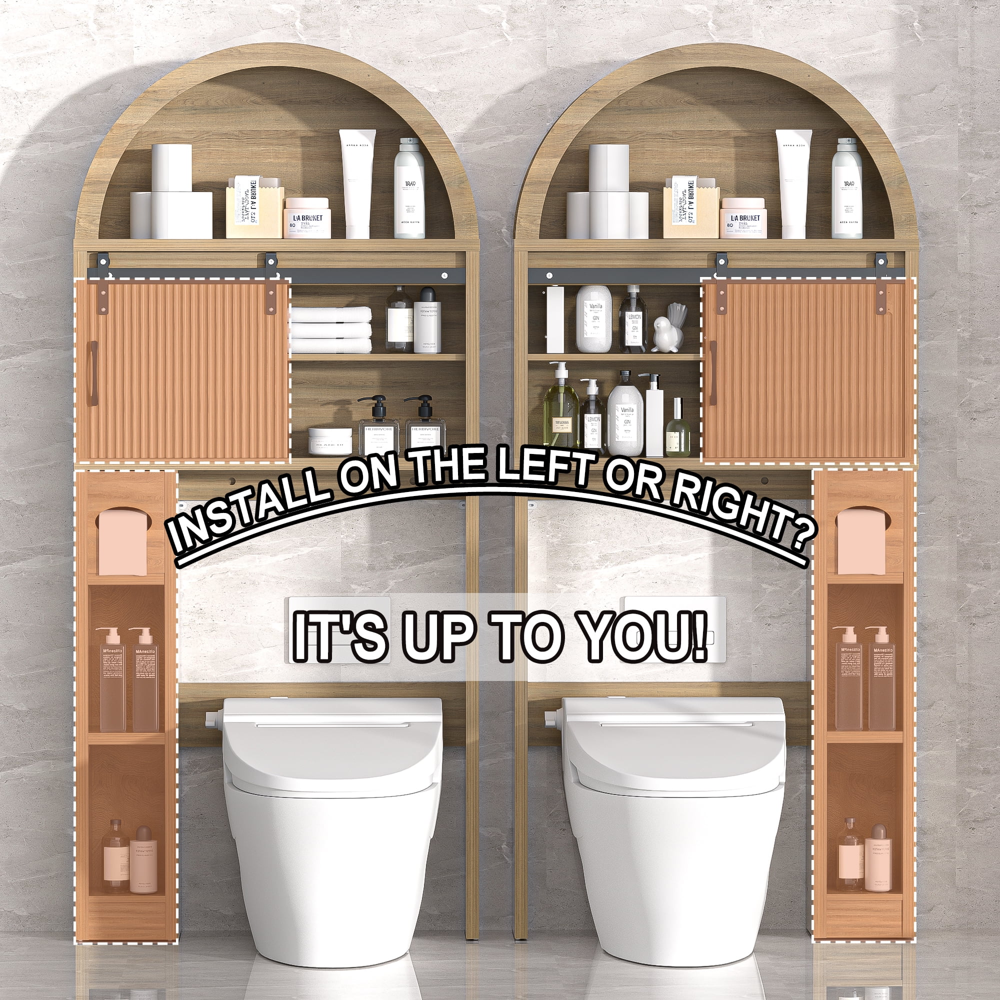HARIPUL Over The Toilet Storage Cabinet w/ Unique Wood Grain & Arc Design, Freestanding Bathroom Shelf Organizer Space Saver w/ Doors & Anti-Tip Device, Wood Color - Image 60