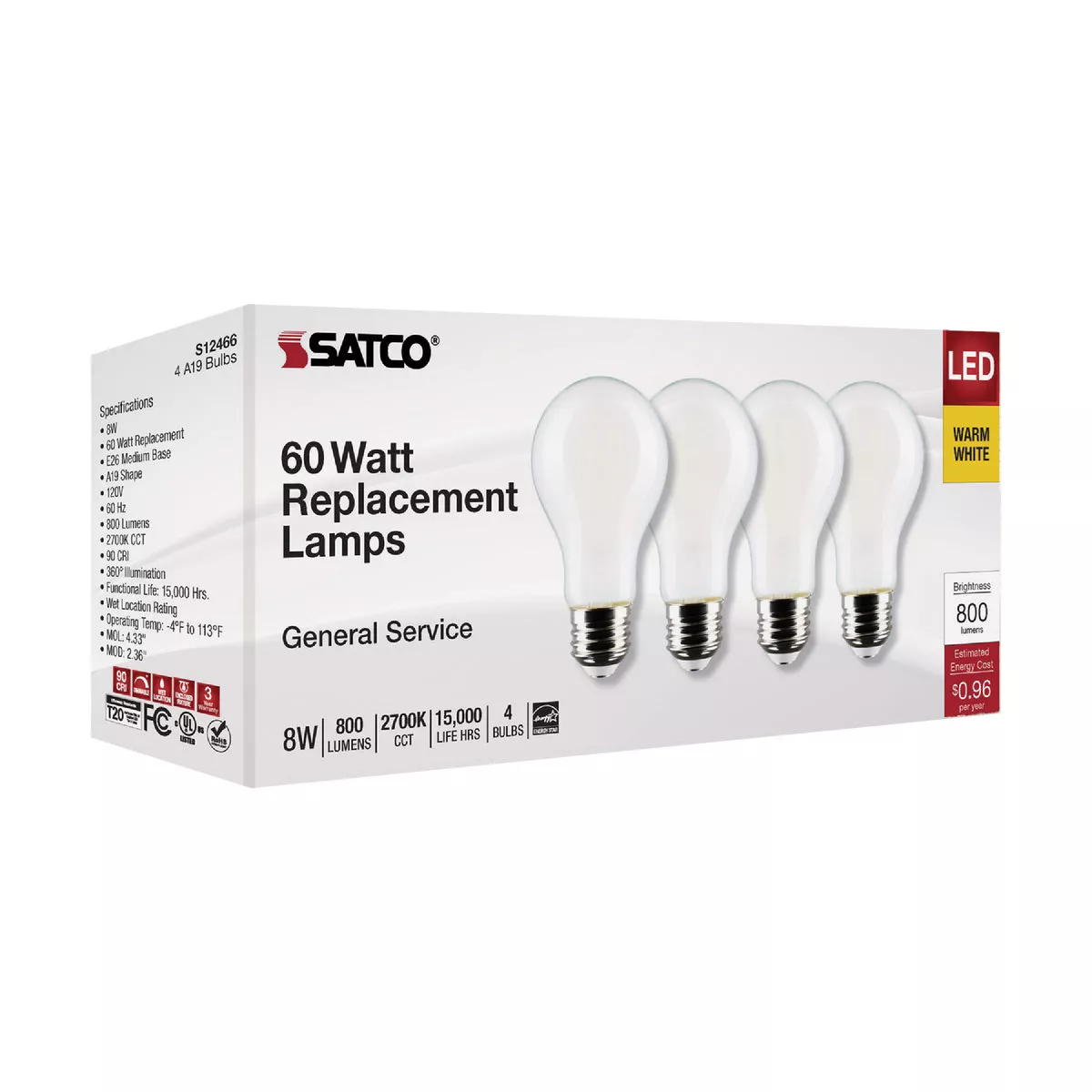 Satco 60W Equivalent Warm White A19 Medium Frosted Dimmable LED Light Bulb (4-Pack)