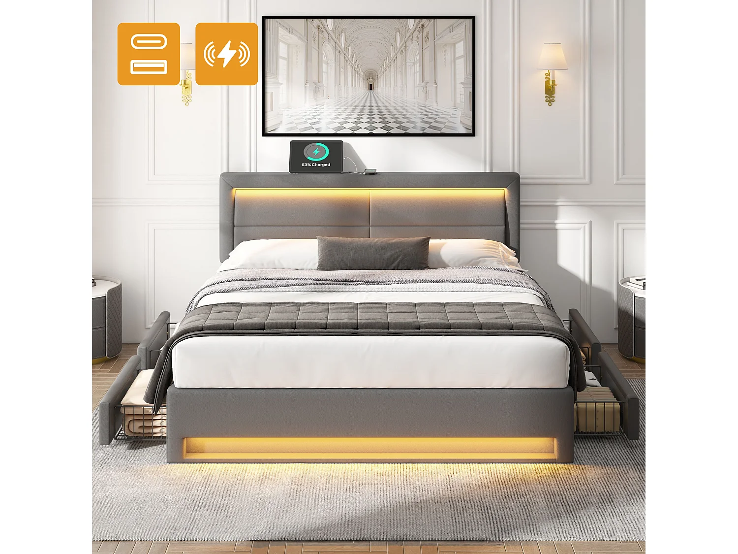 Lit adulte 140 x 200 cm avec port USB et Tête de lit réglable, LED et rangement, PU gris, sans matelas