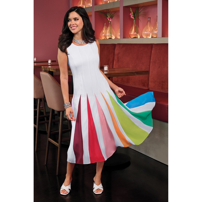 Raynbow Multi-Colored Godet Fit-and-Flare Dress - MIDNIGHT VELVET CATALOG
