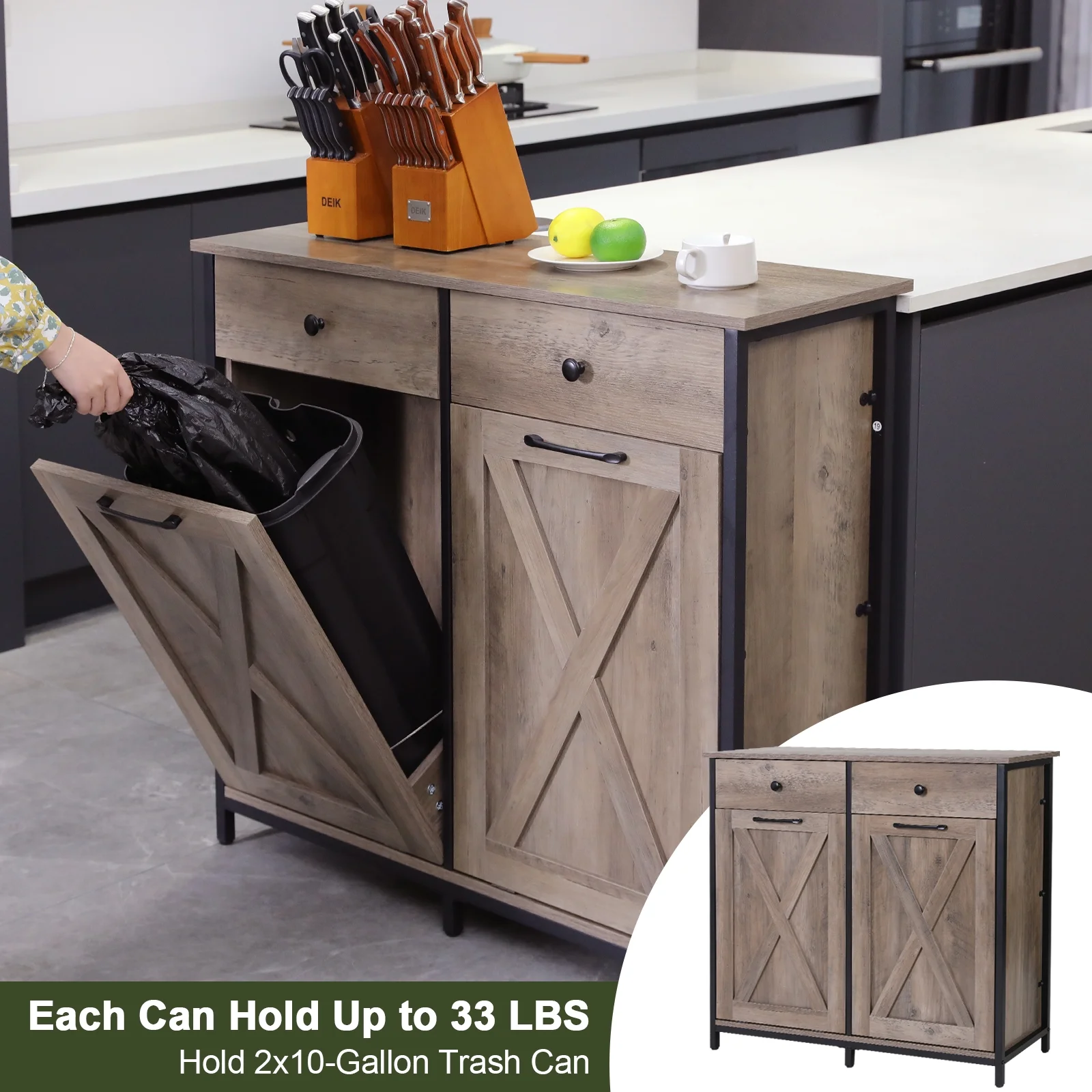 Pirecart 20 Gallon Double Tilt Out Trash Cabinet Wood Hidden Storage Cabinet, Recycling Cabinet with 2 Drawers, Black - Image 18
