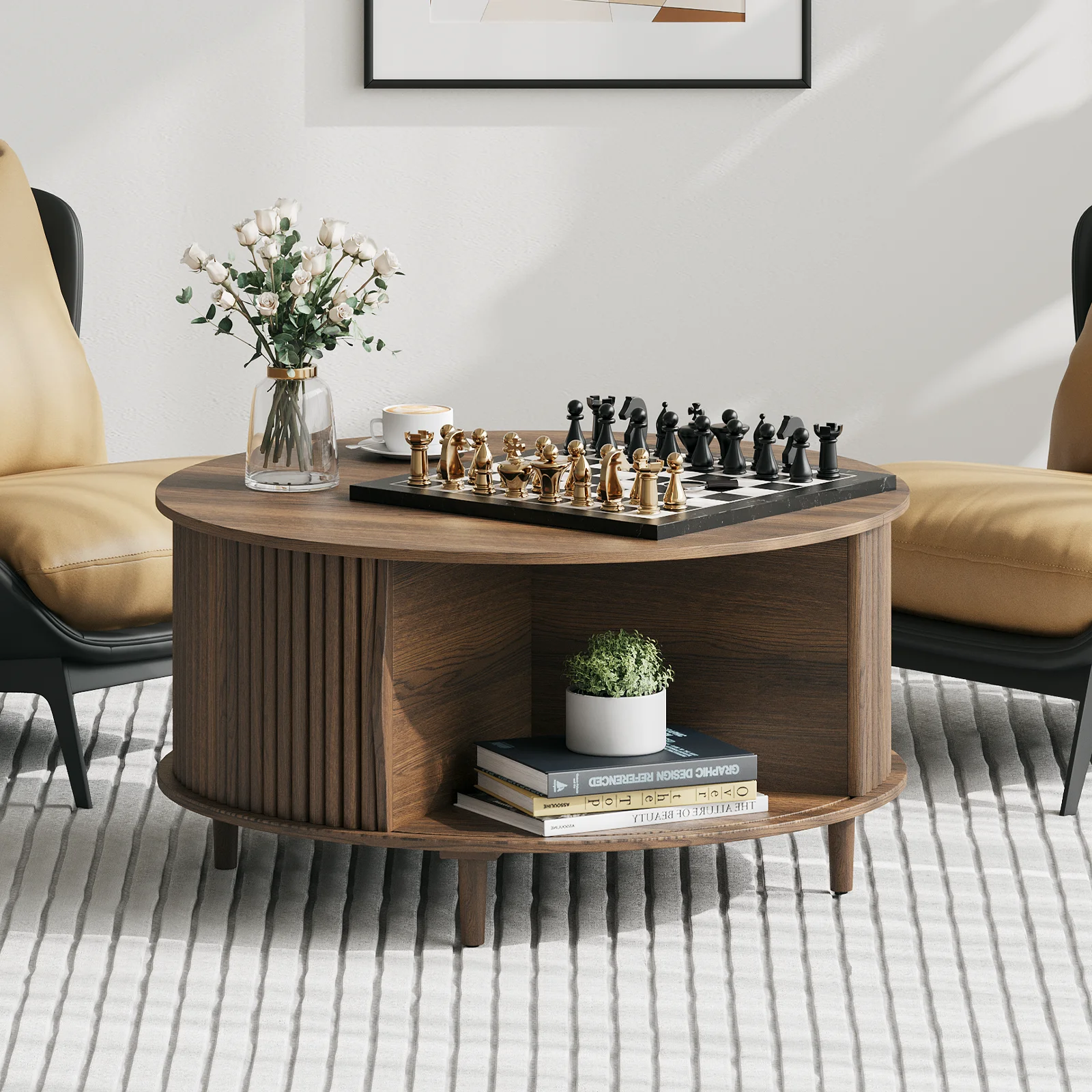 JOINICE Round Coffee Table with Storage and Sliding Door,Mid Century Modern Wooden Center Table,for Living Room,Walnut - Image 6