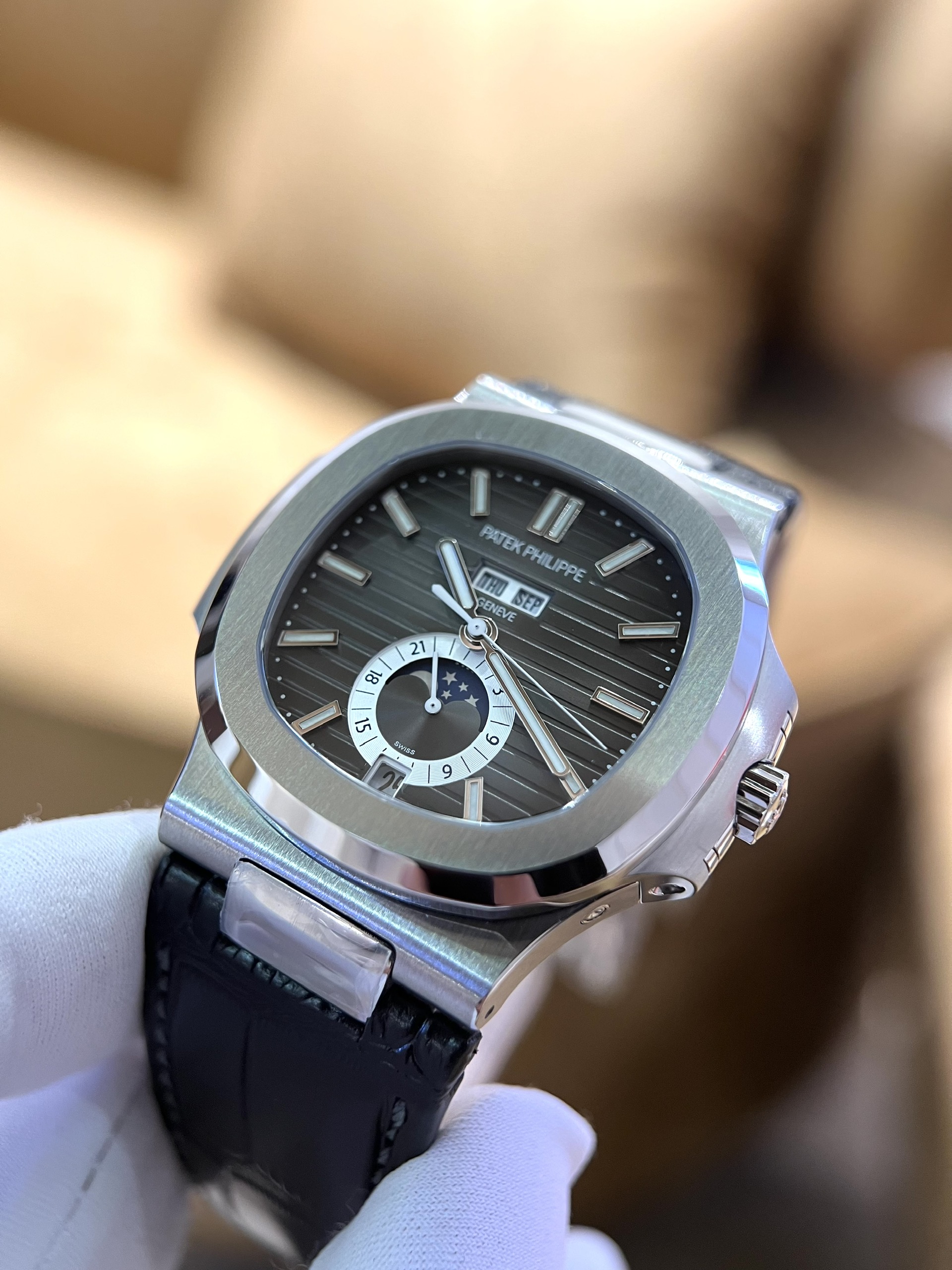 Patek Philippe Nautilus 5726 Replica 1:1 Watch Black Dial Leather Strap Factory PPF 40.5mm - Top club