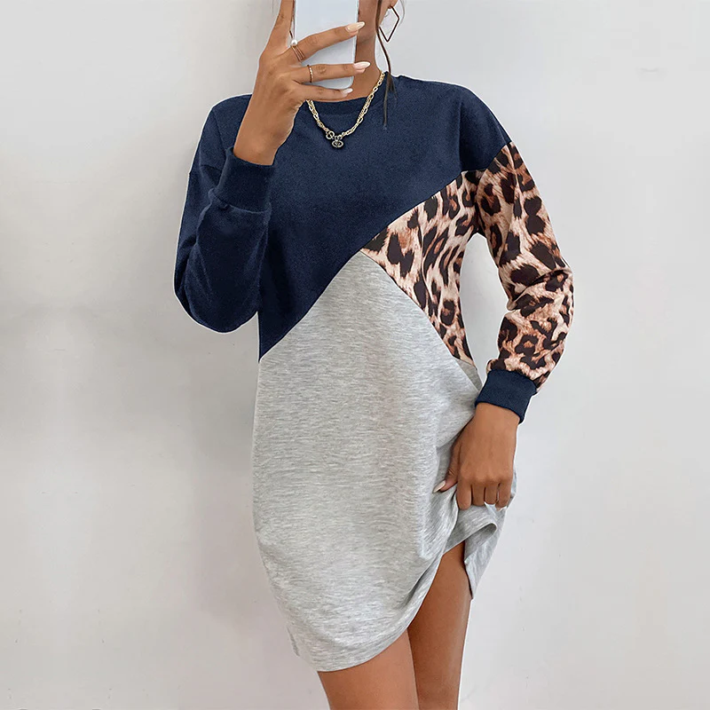 Autumn Women Wear Long Sleeve Leopard Print Sweater Dress - AZJHJ