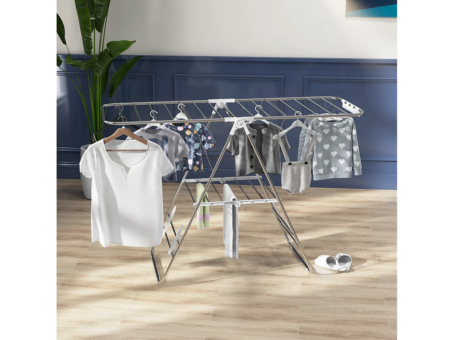 Séchoir à linge pliable sur pied - étendoir 2 niveaux ajustables - acier PP blanc