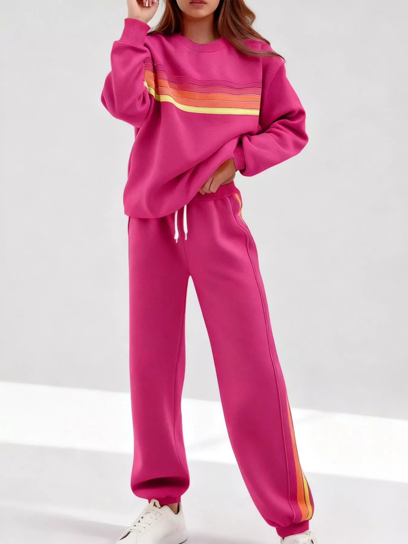 Striped Round Neck Sweatshirt and Pants Set - ZKZOOK