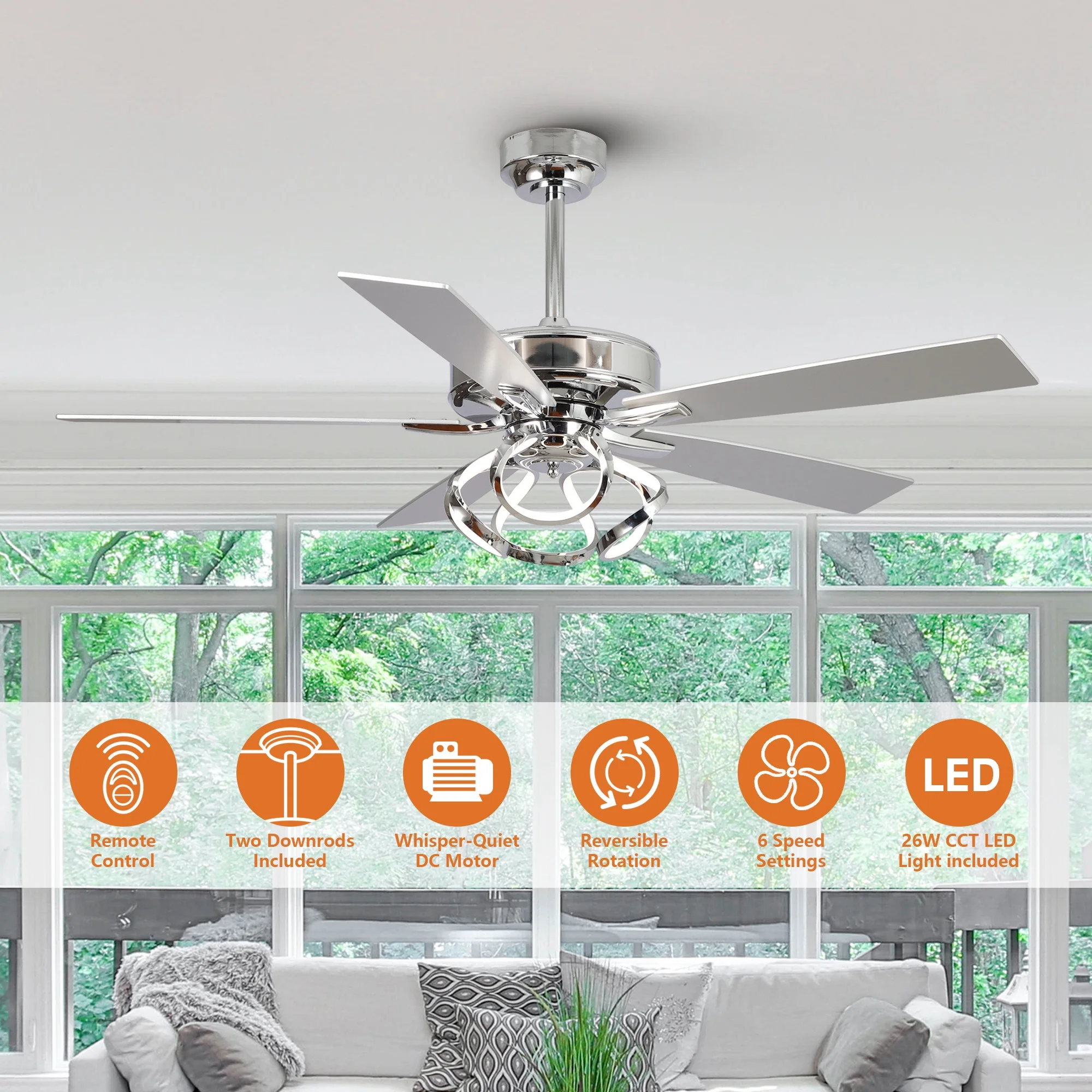 Parrot Uncle 52-Inch Contemporary Chrome Ceiling Fan with Integrated LED Lights and Remote Control - Image 8