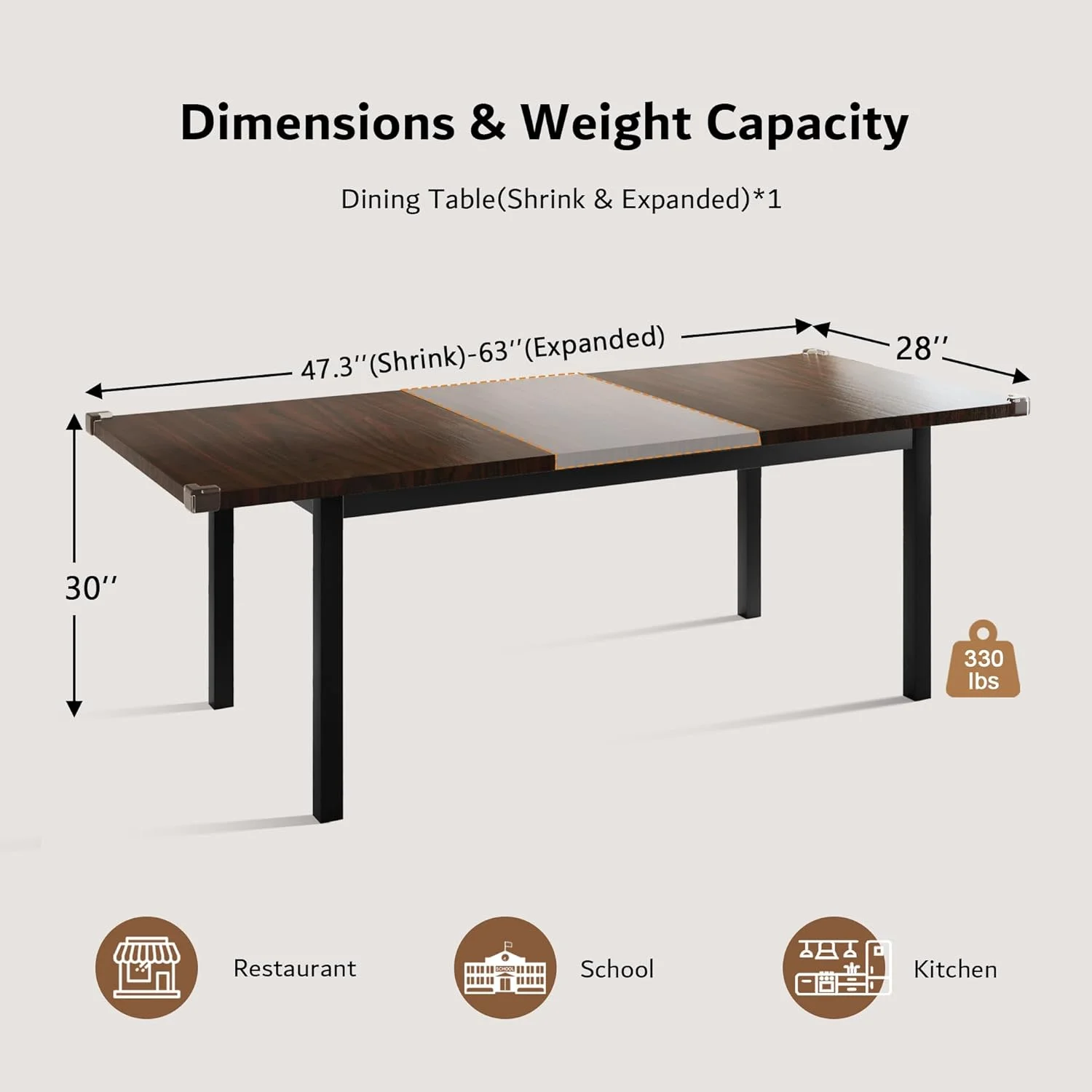 iPormis 63" Extendable Dining Table for 4-8, Square Wooden Dining Room Table with Metal Base, Modern Extendable Table for Small Kitchens, Dining Office Areas, Black - Image 23