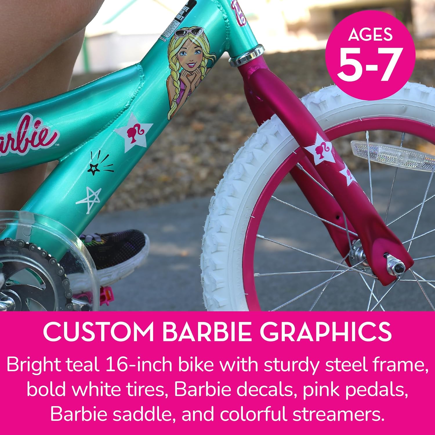 Dynacraft Barbie 16-inch Girls' Bike for Kids Ages 5-7 Years - Fun and Stylish Design, Sturdy and Durable, Perfect for Kids Learning to Ride, Easy to Assemble, Ideal for Young Riders