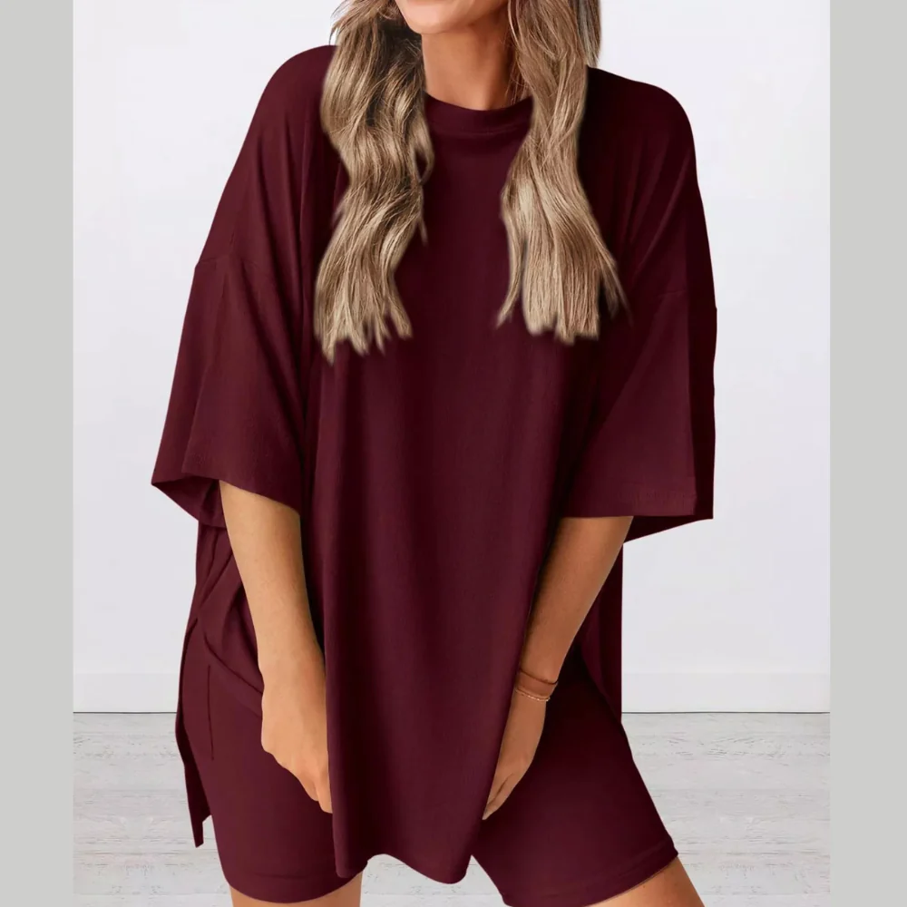 Full Size Relaxed Fit Round Neck Top and Shorts Two-Piece Set Plus Size - ZKZOOK