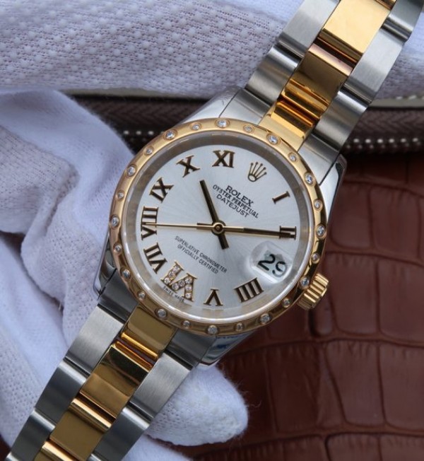 Replica Rolex DateJust 31mm Diamonds Bezel Roman Markers White Dial Bracelet A2235 - Elite Watch Atelier