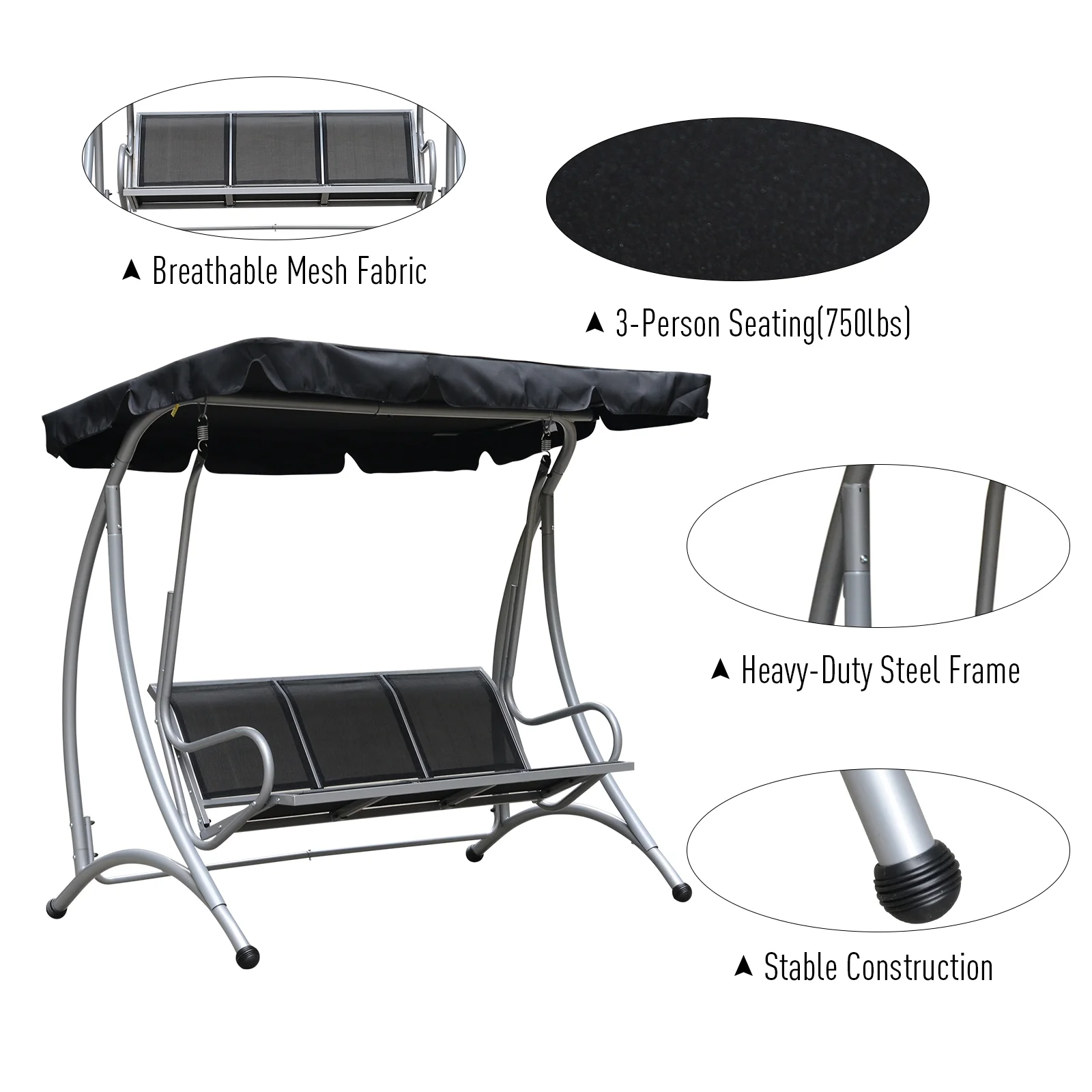 Outsunny 3 Person Patio Swing Seats, Porch Swing with Stand & Adjustable Canopy, Heavy Duty Outdoor Swing Chair Bench for Adults, Black - Image 6