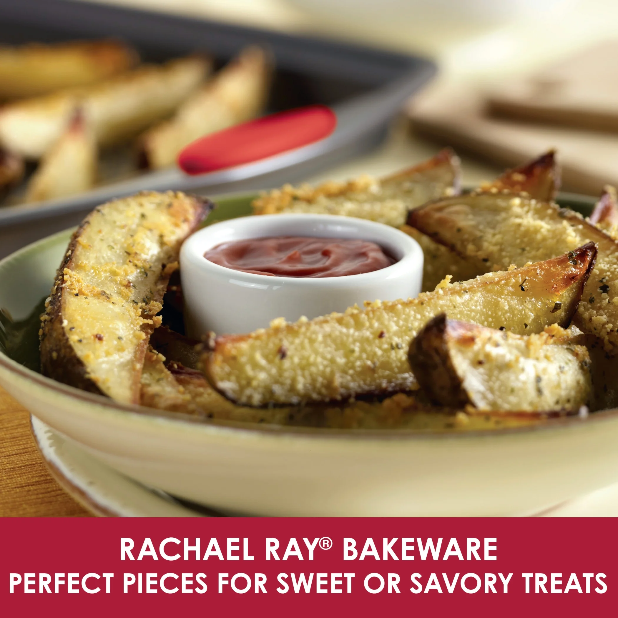 Rachael Ray Yumo Nonstick Oven Lovin Bakeware Set, Gray with Red Handles. 5 Piece Set