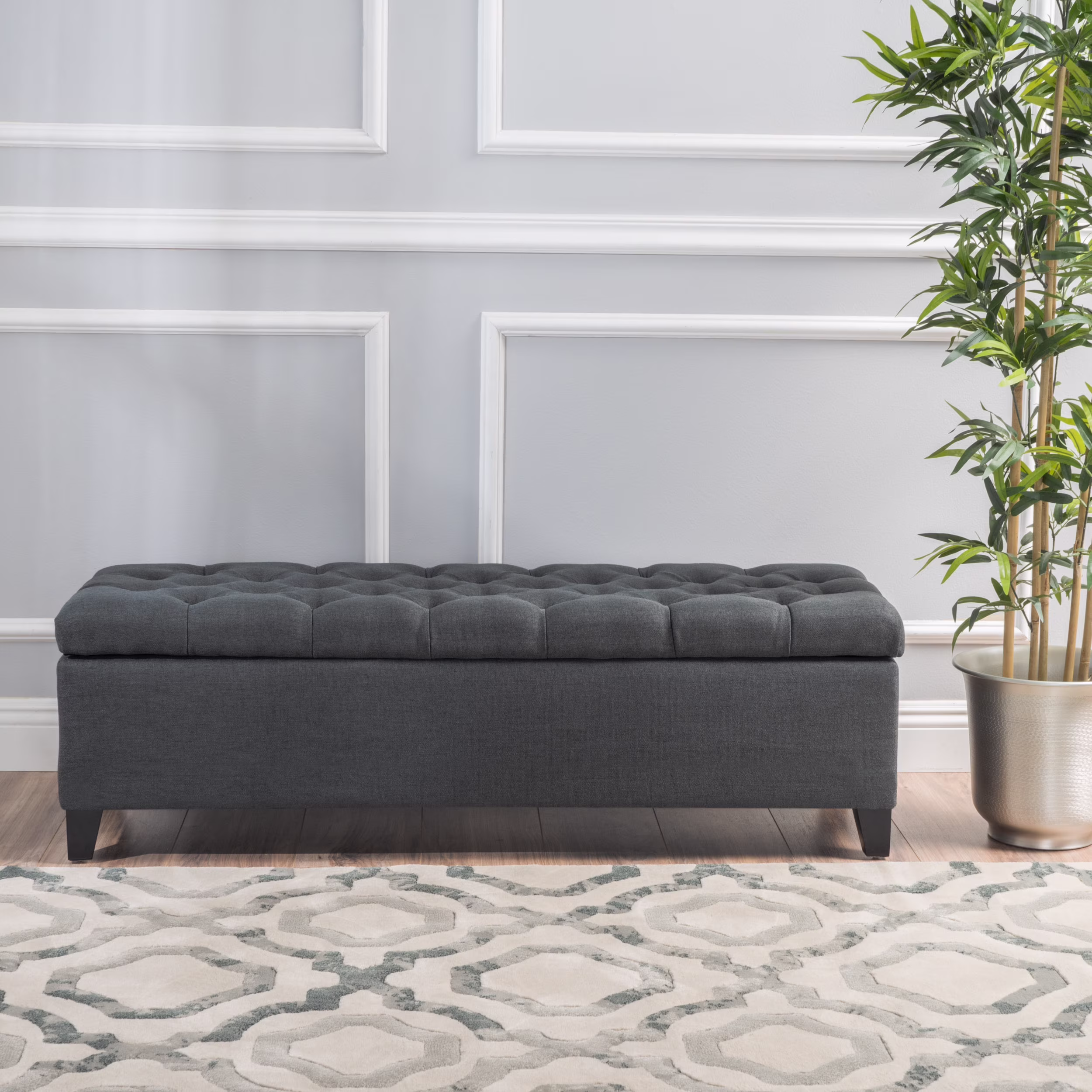 Noble House Hampton Contemporary Fabric Upholstered Storage Ottoman, White and Blue Floral - Image 3