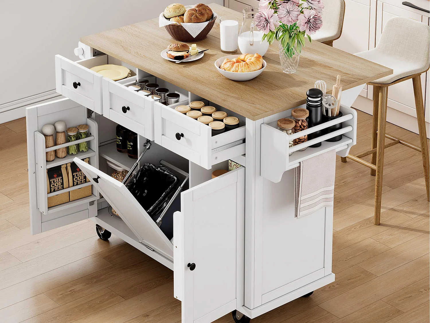 Ilot central de cuisine mobile 126x46.8x94.2cm - avec roulettes - 3 tiroirs et 3 portes - plateau extensible - avec porte-serviettes - blanc