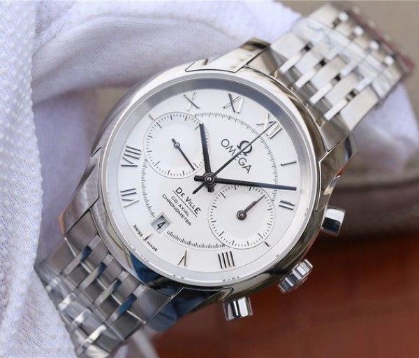 Replica Omega OMF De Ville Chronograph 42mm White Dial SS Bracelet A9300 - Elite Watch Atelier