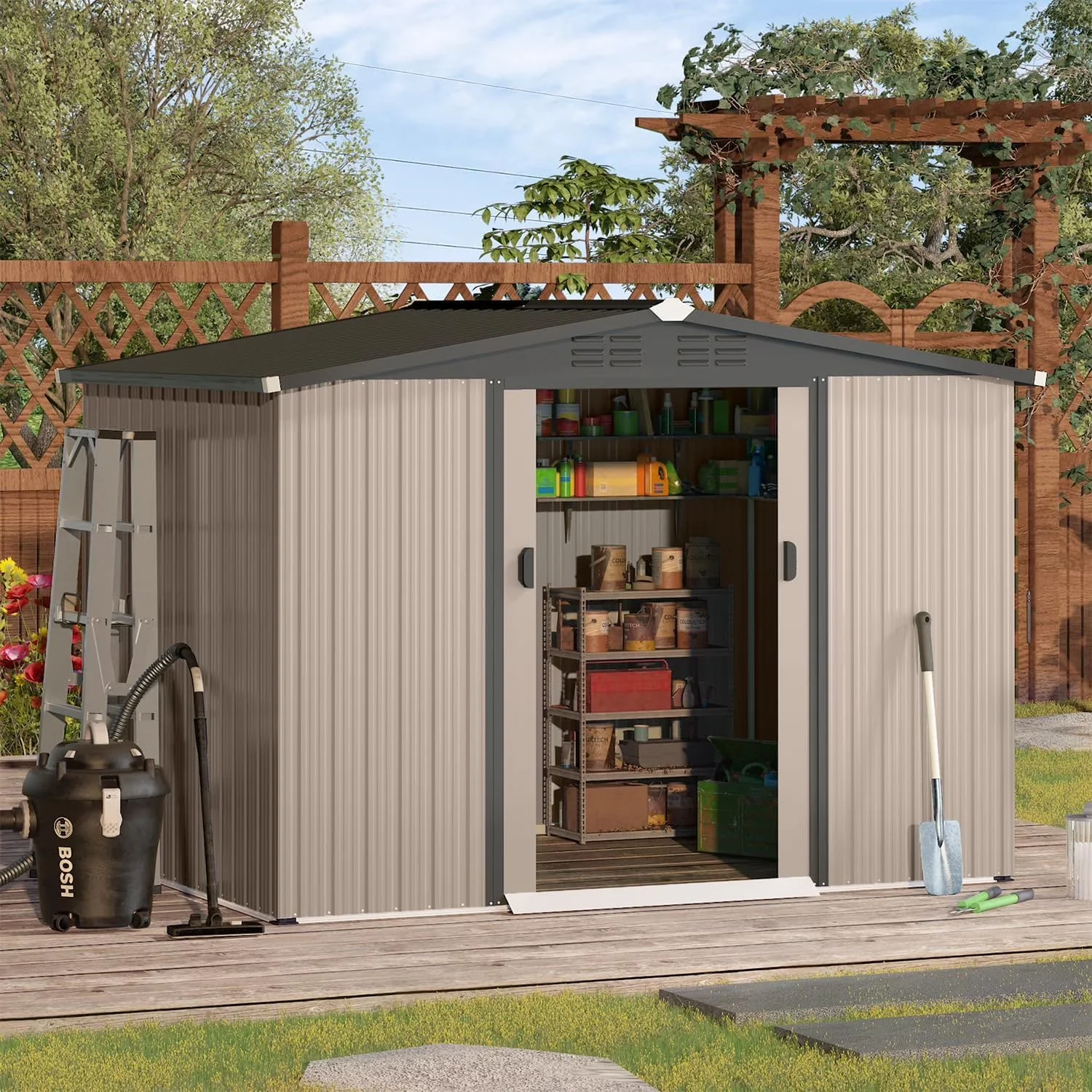 U-MAX 8 x 6 ft. Wood Grain Outdoor Metal Storage Shed With Lockable Door - Image 3 U-MAX 8 x 6 ft. Wood Grain Outdoor Metal Storage Shed With Lockable Door - Image 3