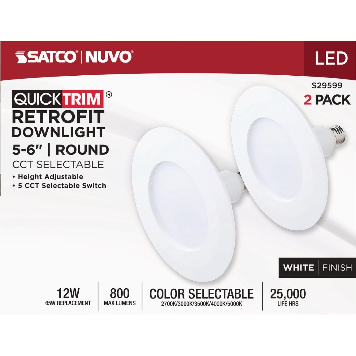 Satco 5 In./6 In. 800 Lm. 12W Retrofit White LED CCT-Selectable Recessed Light Kit (2-Pack)