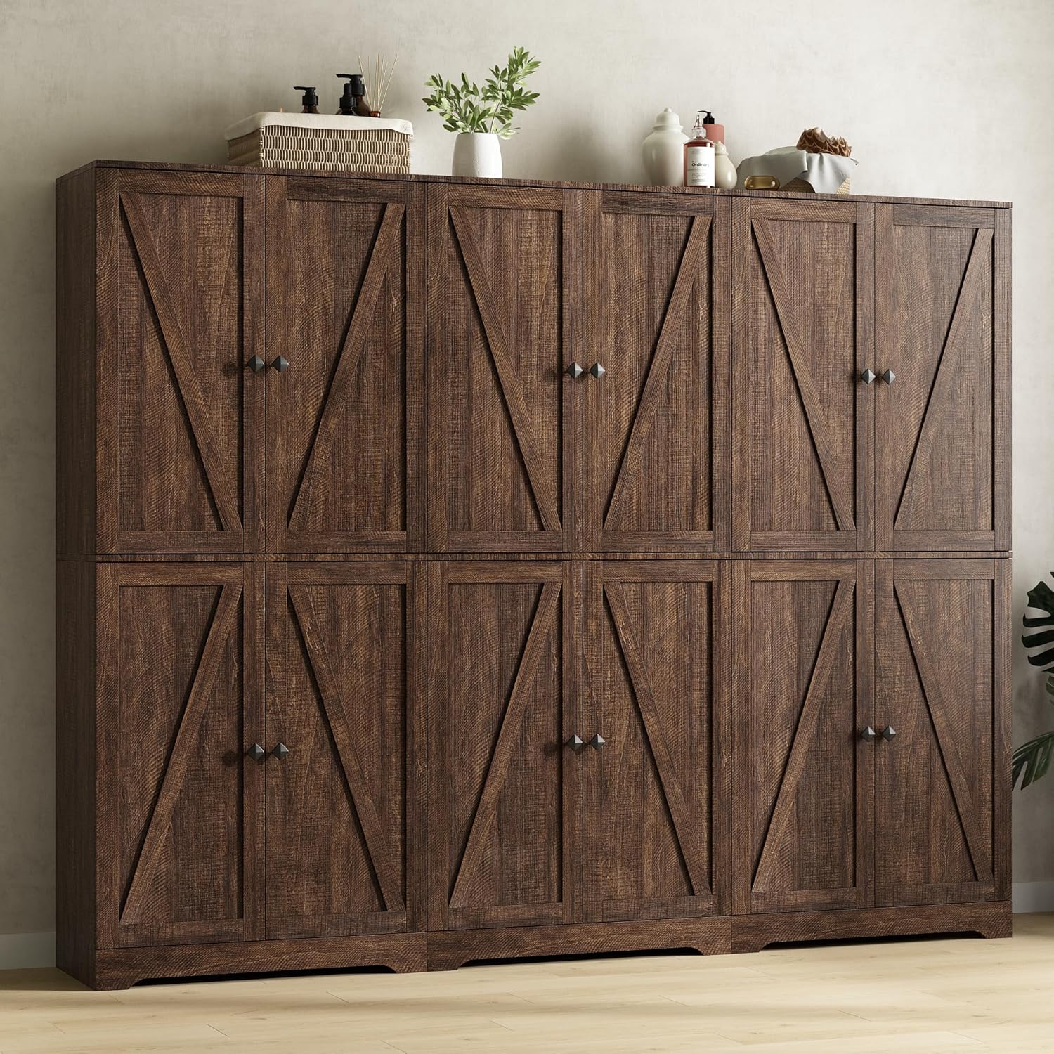 Kitchen Pantry Cabinet Set of 3, 72” Tall Farmhouse Storage Cabinet with 4 Barn Doors and Adjustable Shelves, Pantry Cabinet Versatile Storage for Kitchen, Living Room, Brown