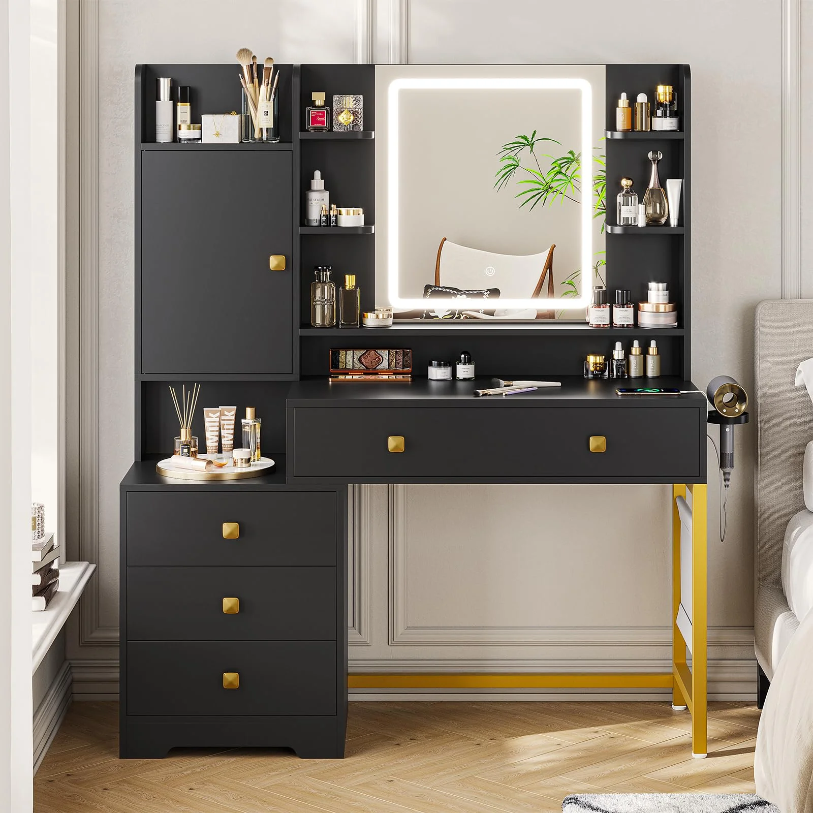 Makeup Vanity Desk with Lighted Mirror & Charging Stations & 6 Drawers Large Vanity Table Bedroom Dressing Table with Glass Tabletop&Side Cabinet&Glass Tabletop, Black - Image 12