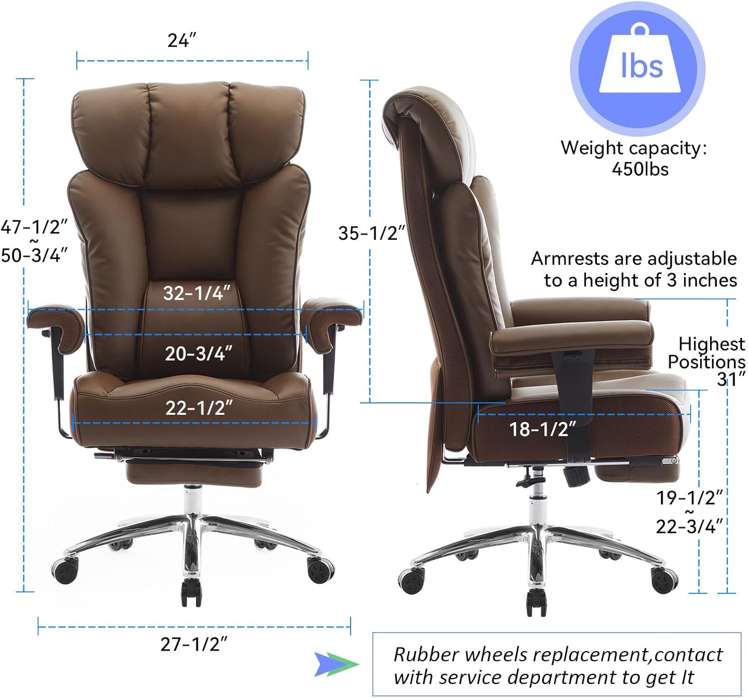 Efomao Big and Tall Office Chair 400lbs - Heavy Duty Executive Desk Chair with Foot Rest & 23