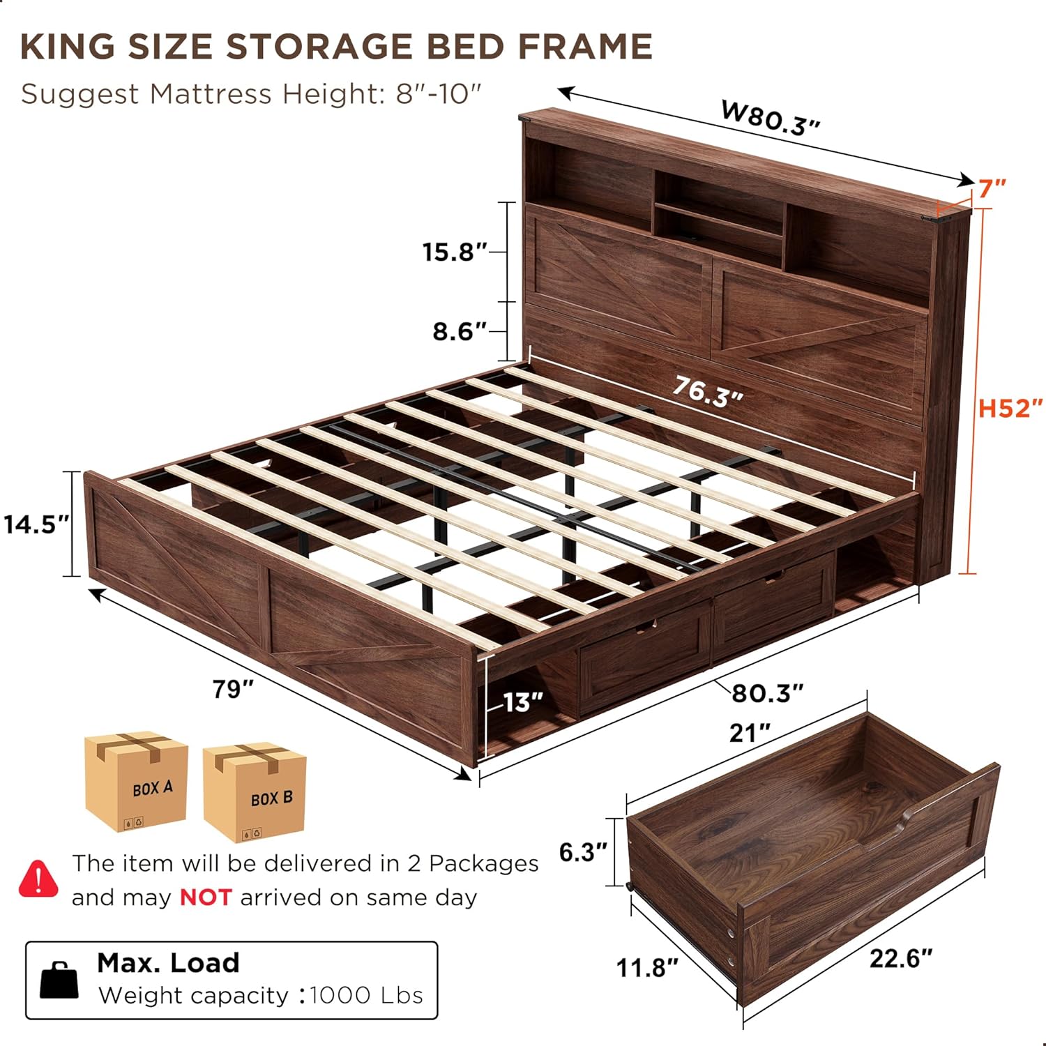 ACCOHOHO Farmhouse King Size Bed Frame with 52
