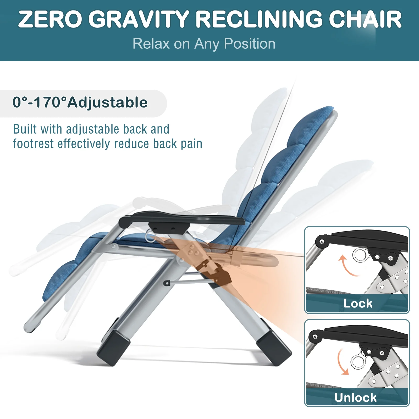NAIZEA Zero Gravity Chair with Removable Cushion and Cup Holder Black - Image 21