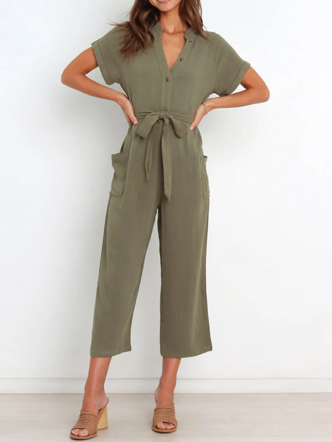 Notched Short Sleeve Tie Waist Jumpsuit - ZKZOOK