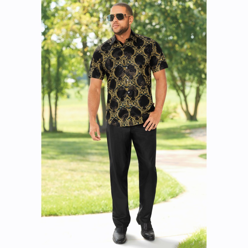 Stacy Adams Men’s Silky, Stretchy Button-Down Shirt with Short Sleeves - MIDNIGHT VELVET CATALOG
