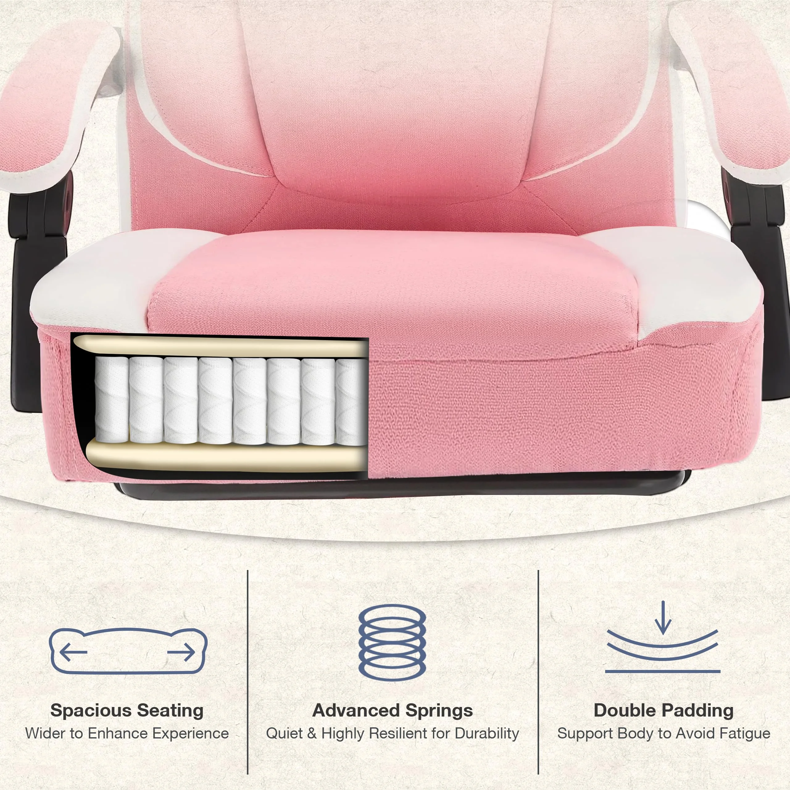 JONPONY Big and Tall Office Chair 400lbs, Executive Reclining Office Chairs with Footrest, High Back Home Office Chair Thick Padded Armrests, Ergonomic Adjustable Lumbar Support, PinkWhite - Image 4