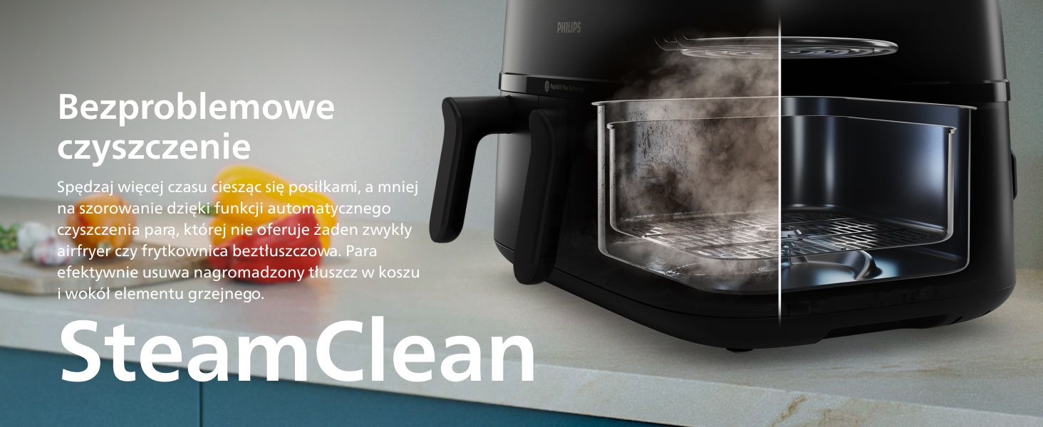 Tekst brzmi „Bezproblemowe czyszczenie” i „SteamClean”. Obraz marketingowy pokazujący porównanie wnętrza urządzenia przed i po czyszczeniu.