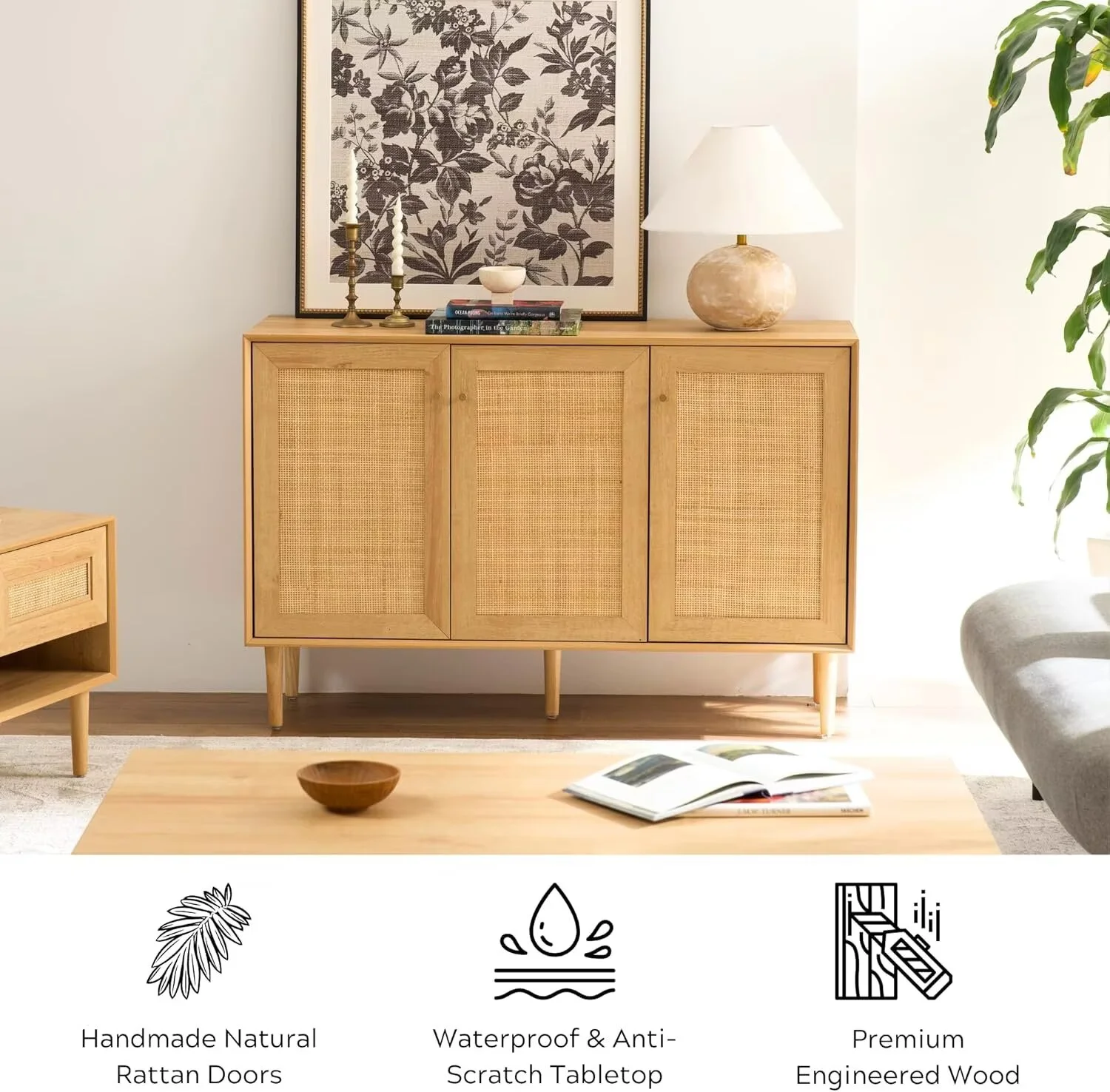 EYYTHUNG Farmhouse 3-Door Rattan Storage Cabinet, Solid Wood Entryway Buffet Sideboard - Image 8